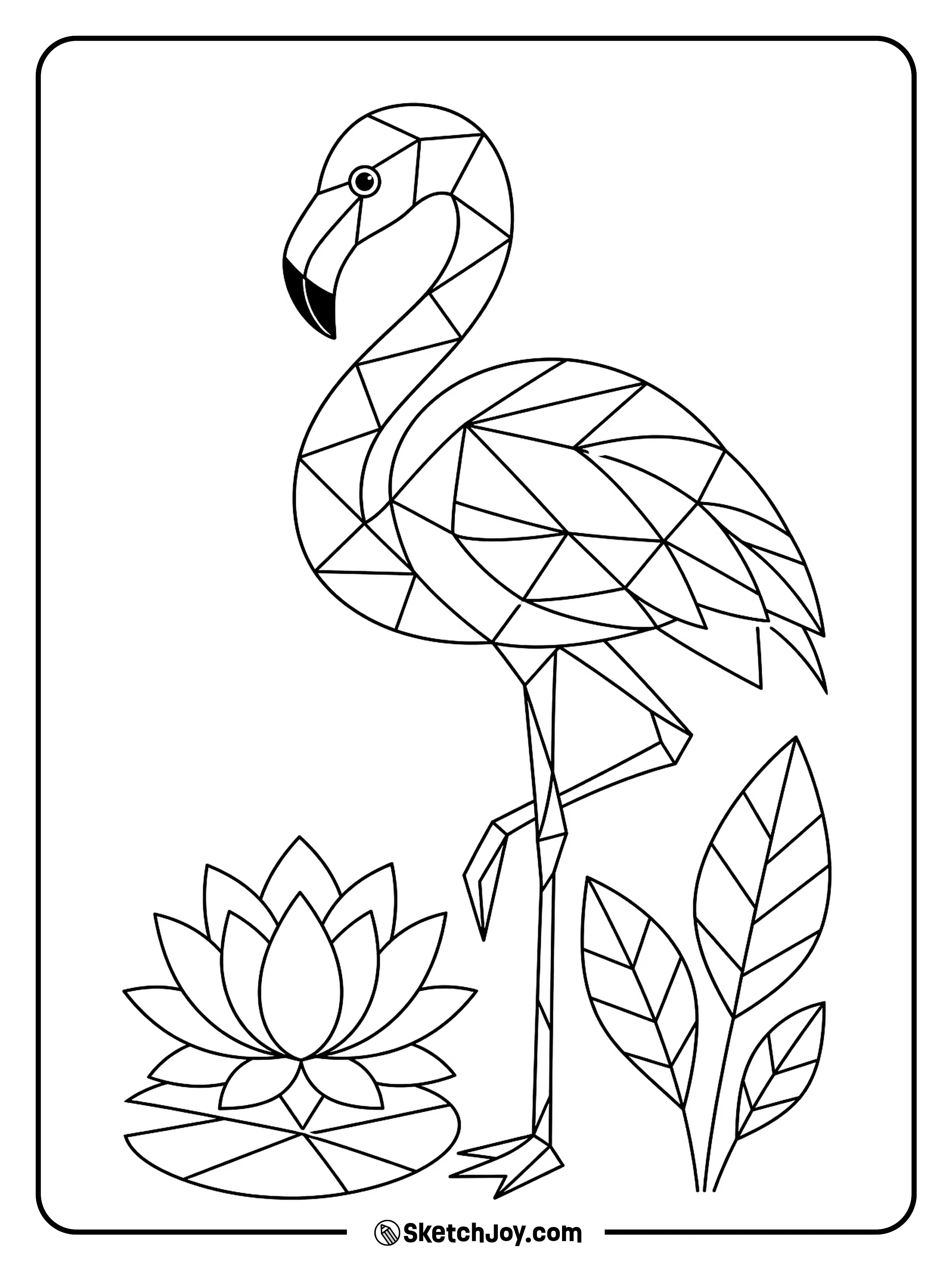 Sharp shapes form a modern flamingo beside simple tropical plants.