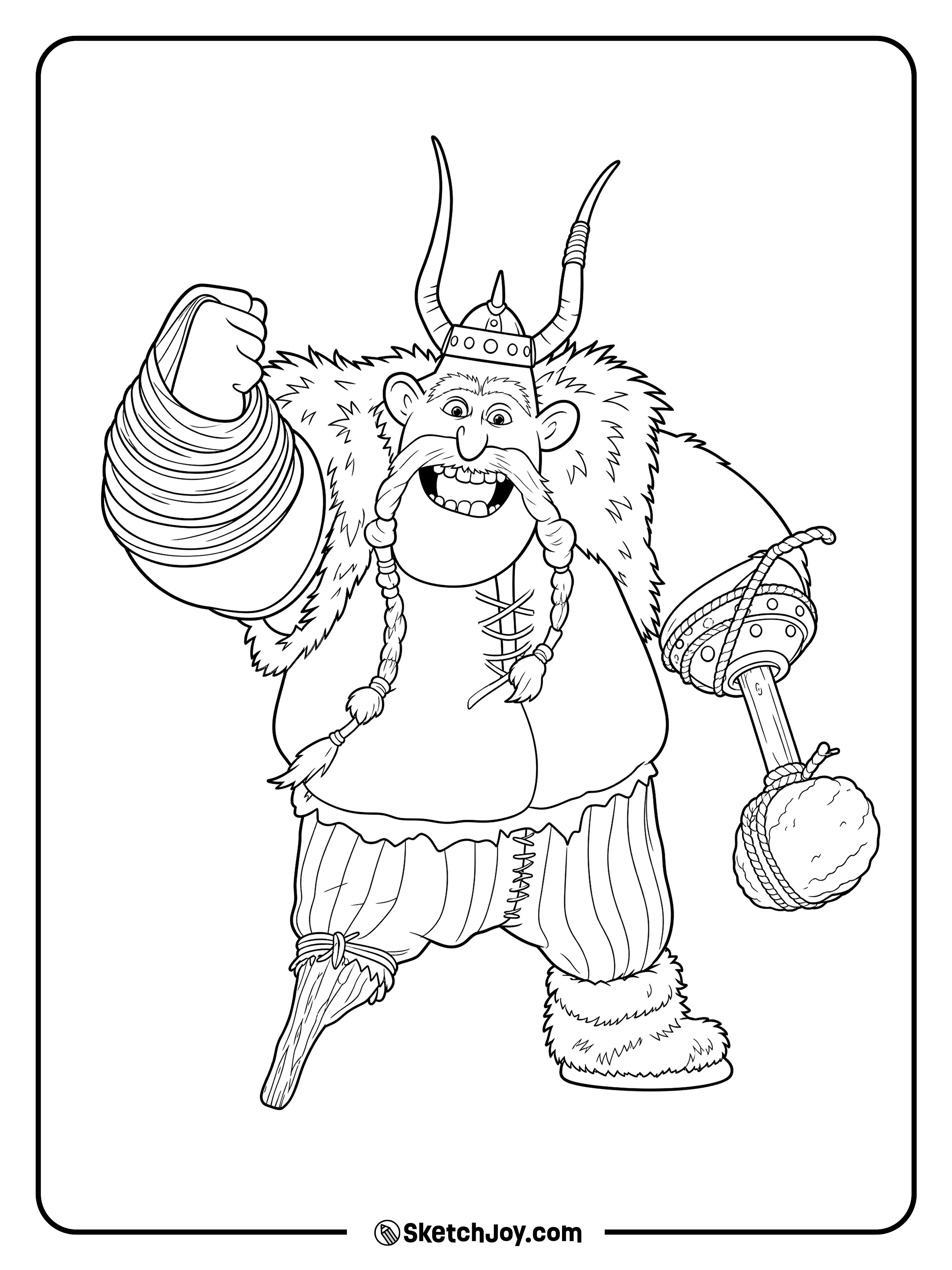 Gobber raises his fist with a huge smile and holds his funny tool weapon.