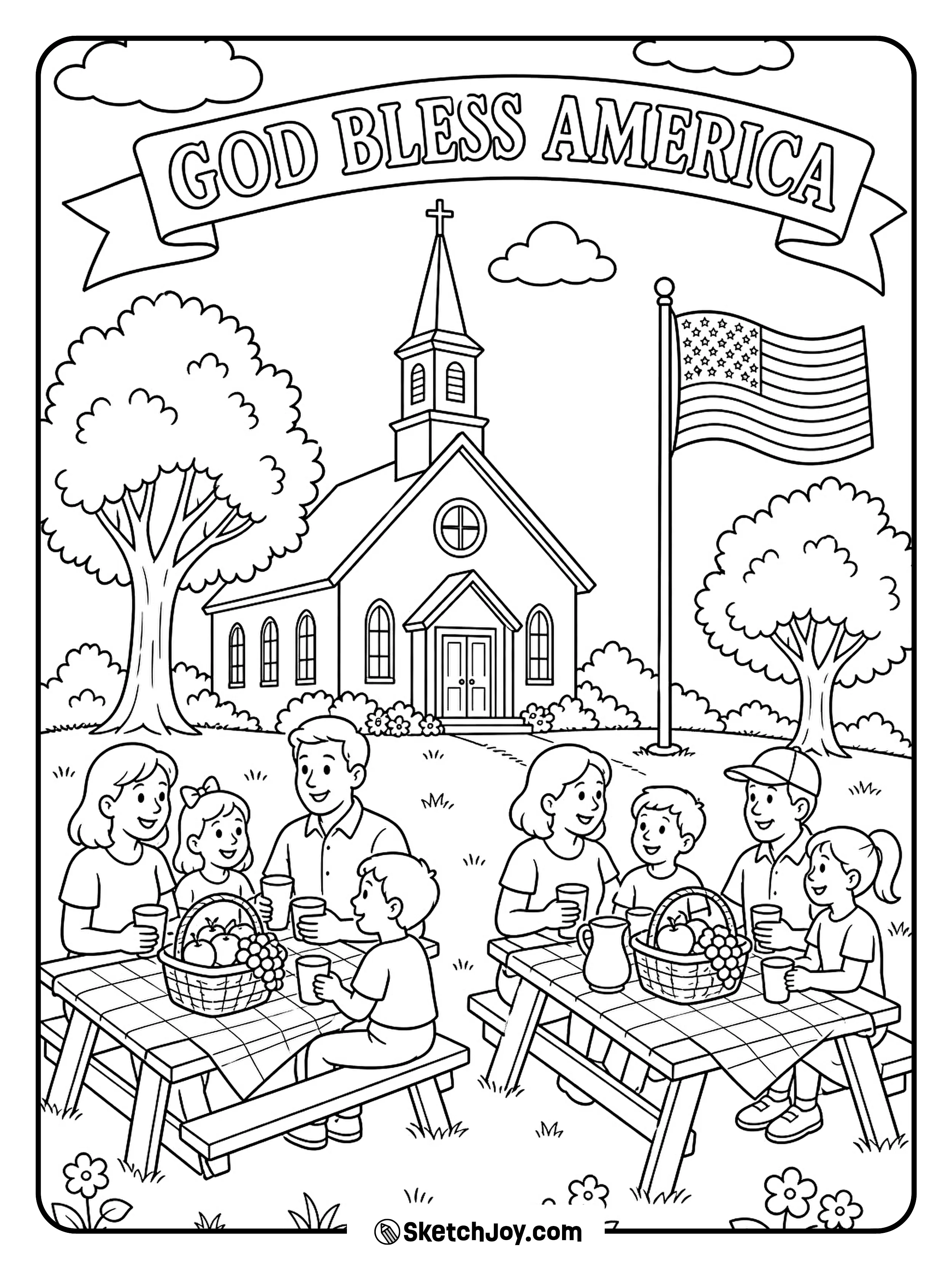 Families share food near a small country church on a summer day.