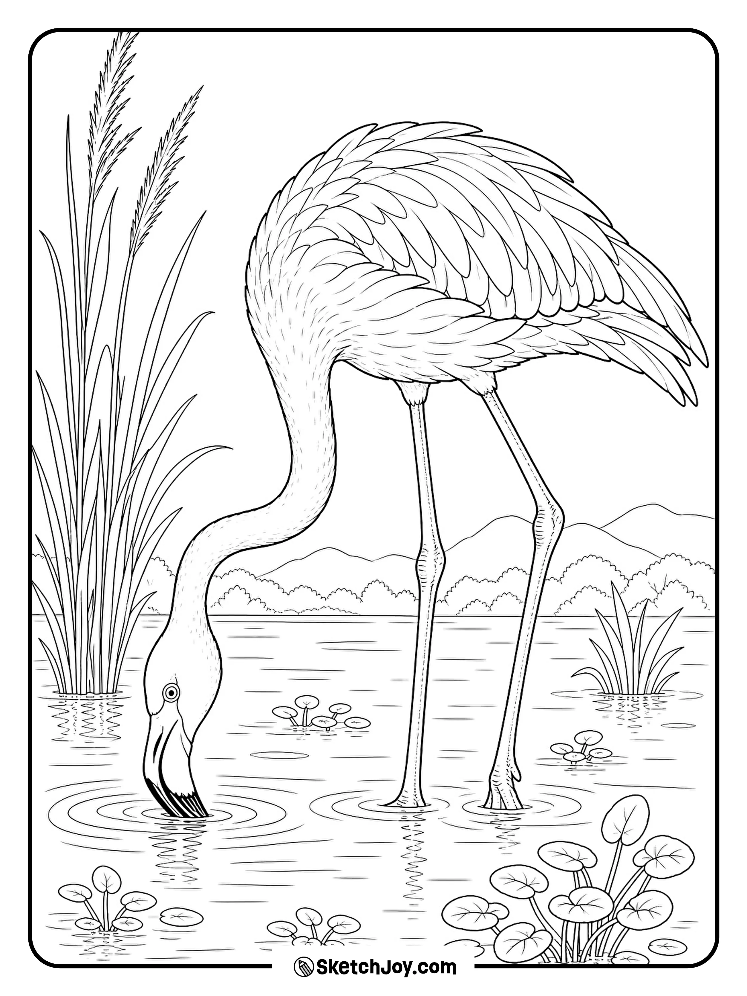 A lifelike greater flamingo feeds among reeds in a quiet wetland.
