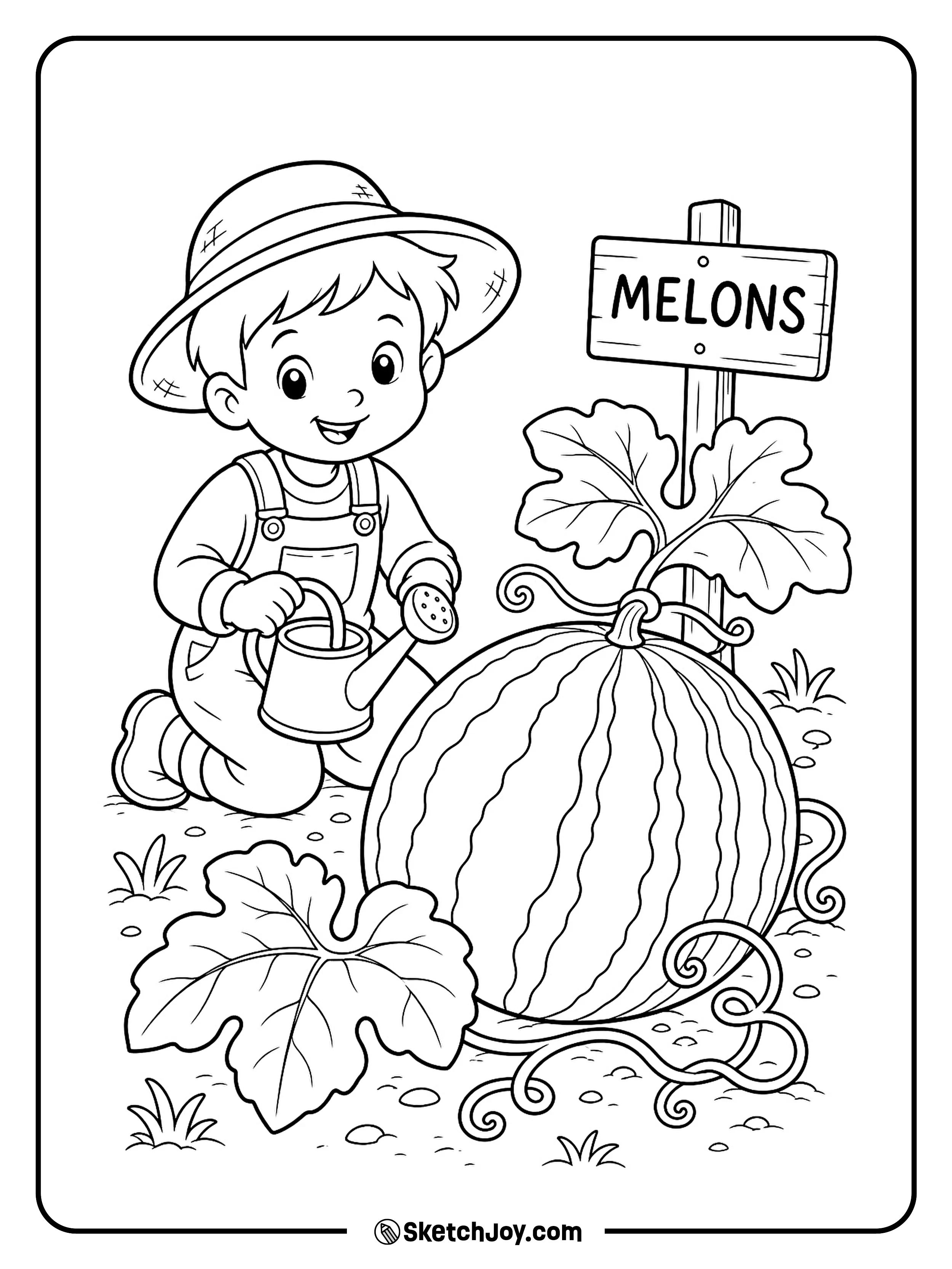 A young gardener finds a huge watermelon growing beside curling vines.
