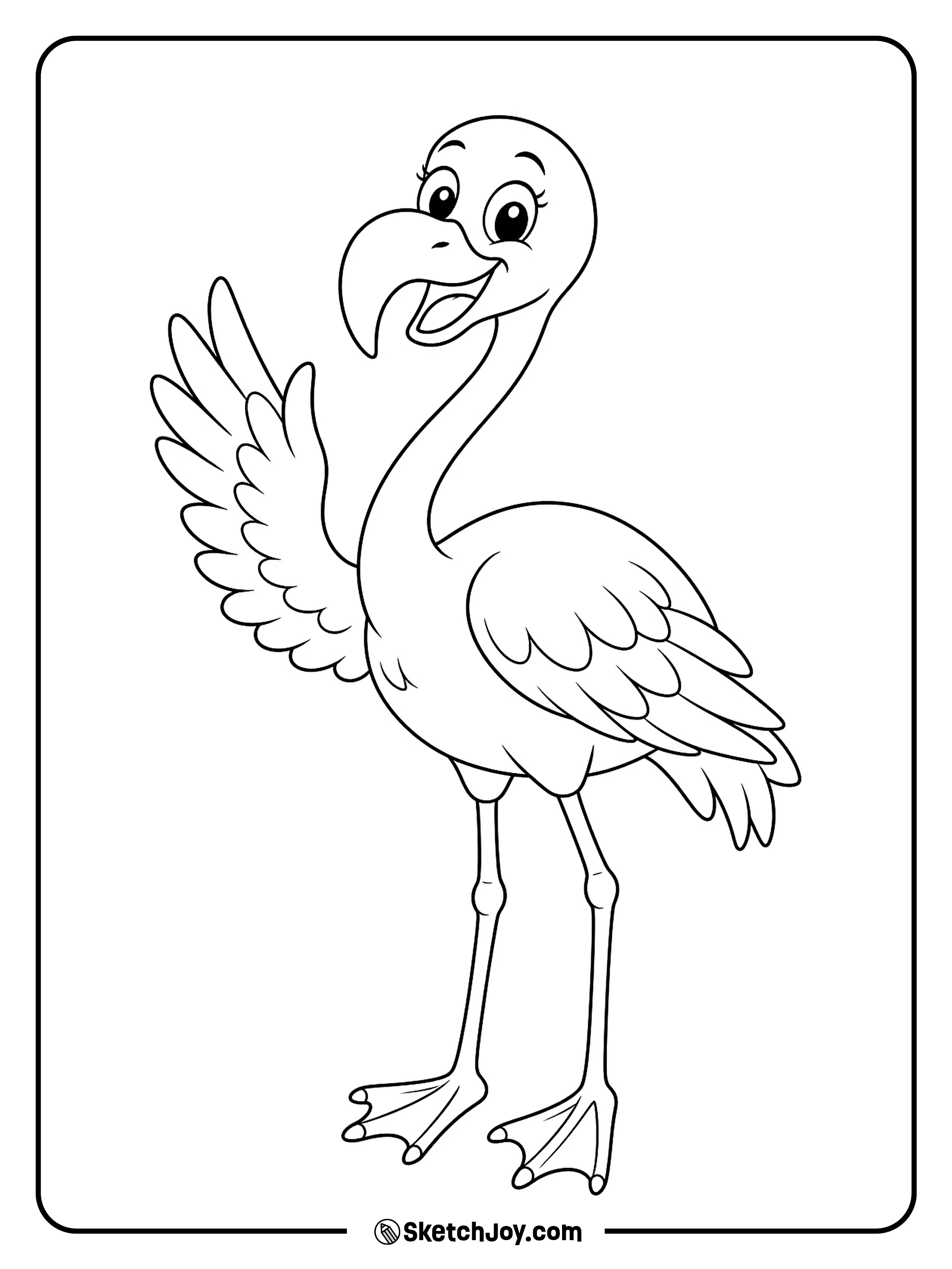 A cheerful flamingo waves one wing while standing tall.