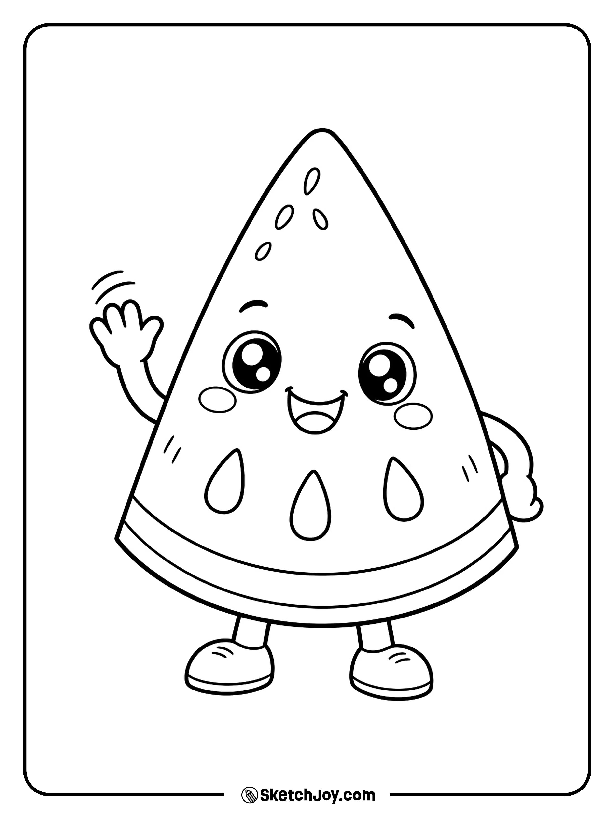 A smiling watermelon slice waves with one hand and gives a big summer grin.