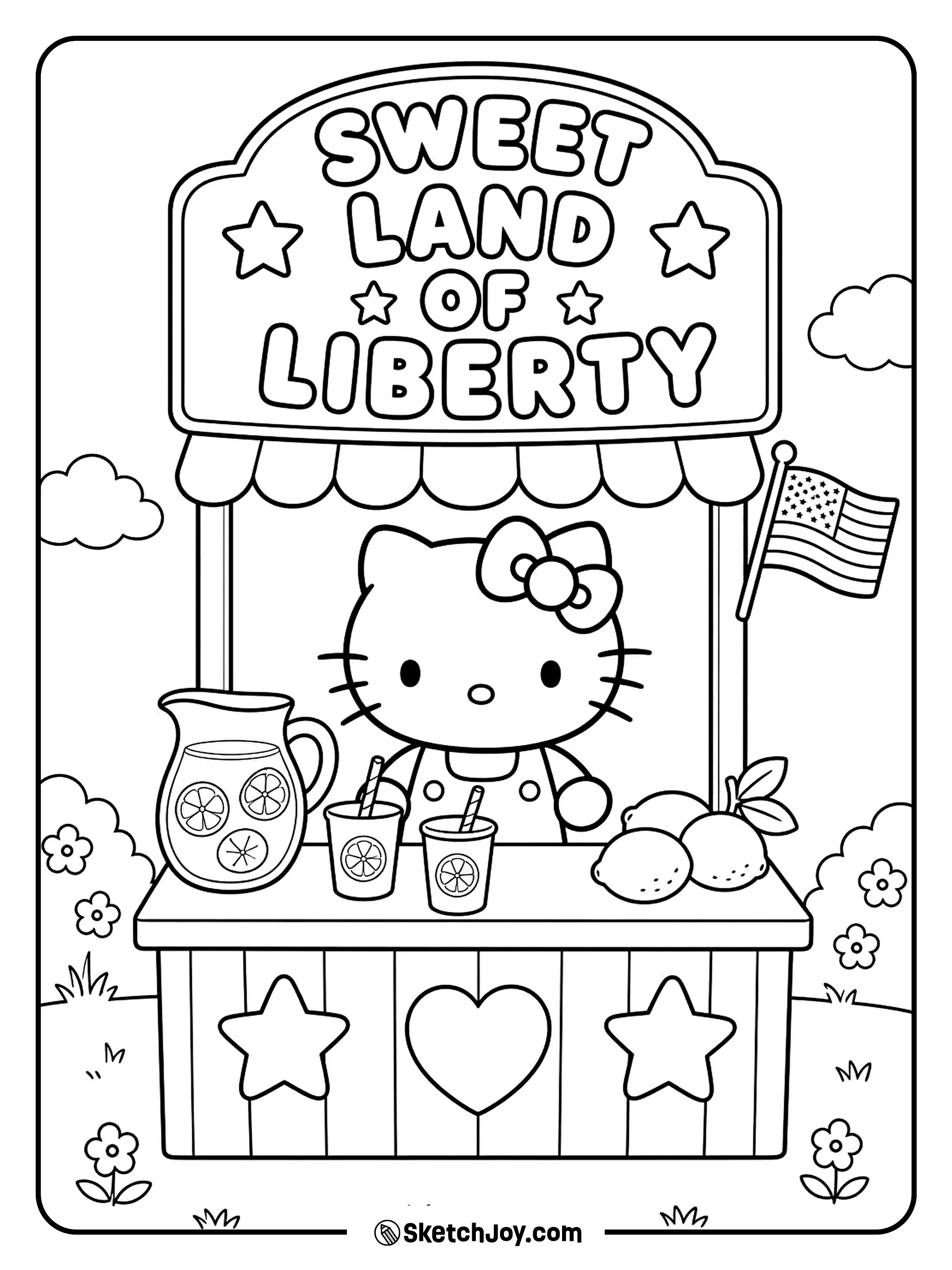 Hello Kitty serves a cool drink from a festive summer stand.