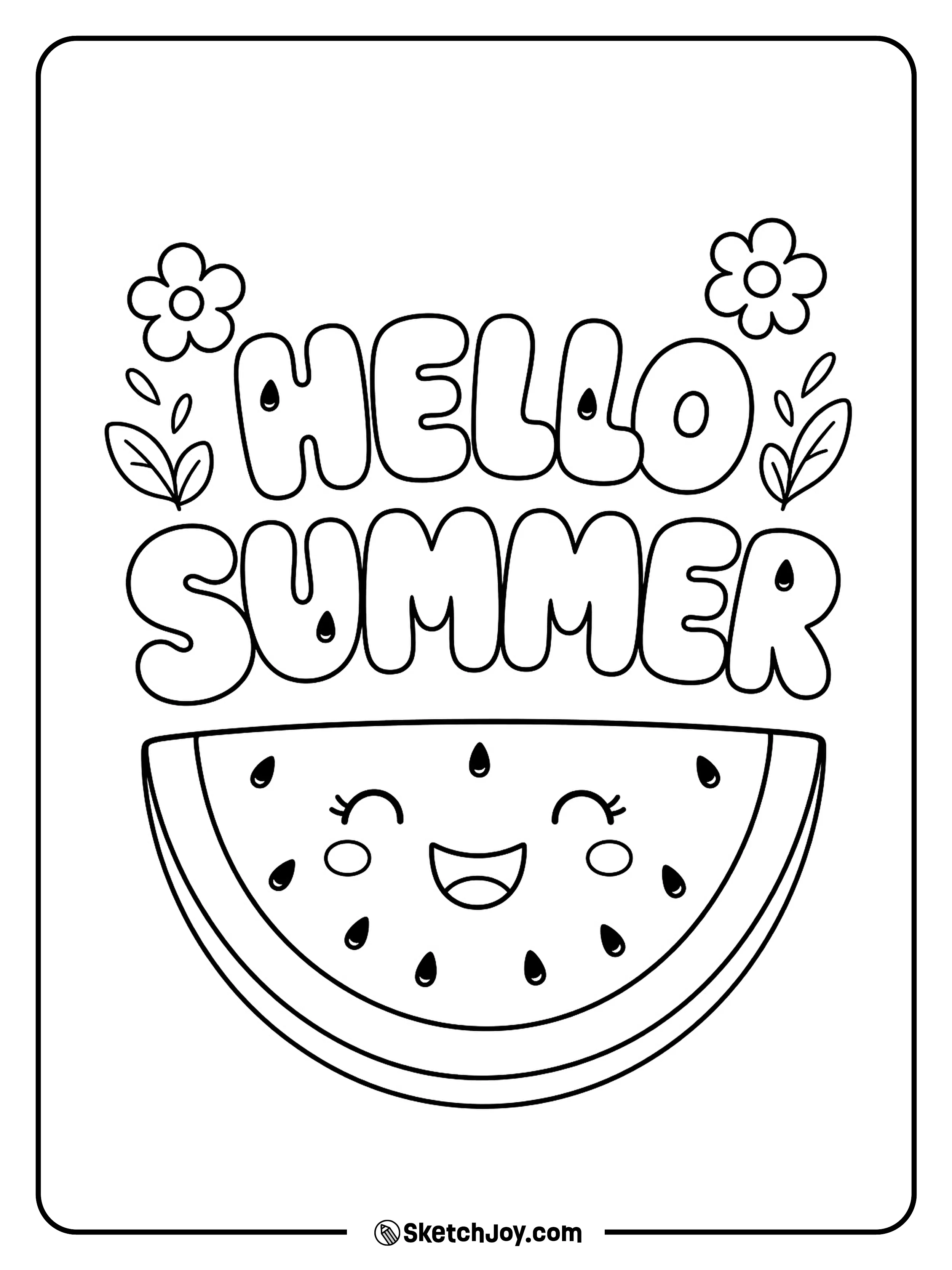 A smiling slice sits under cheerful summer letters with seeds and tiny flowers.