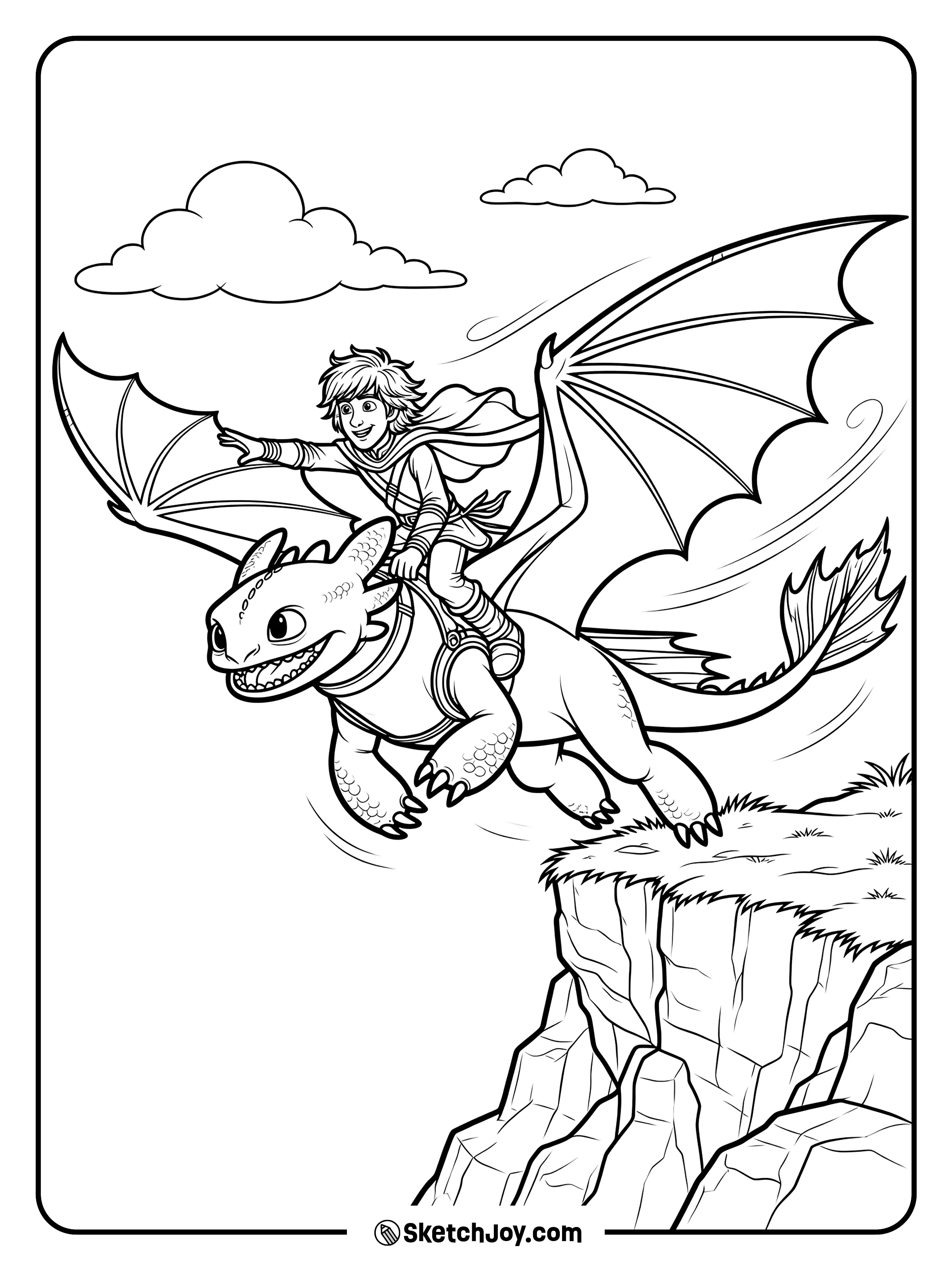 Hiccup holds on as Toothless lifts into the air.