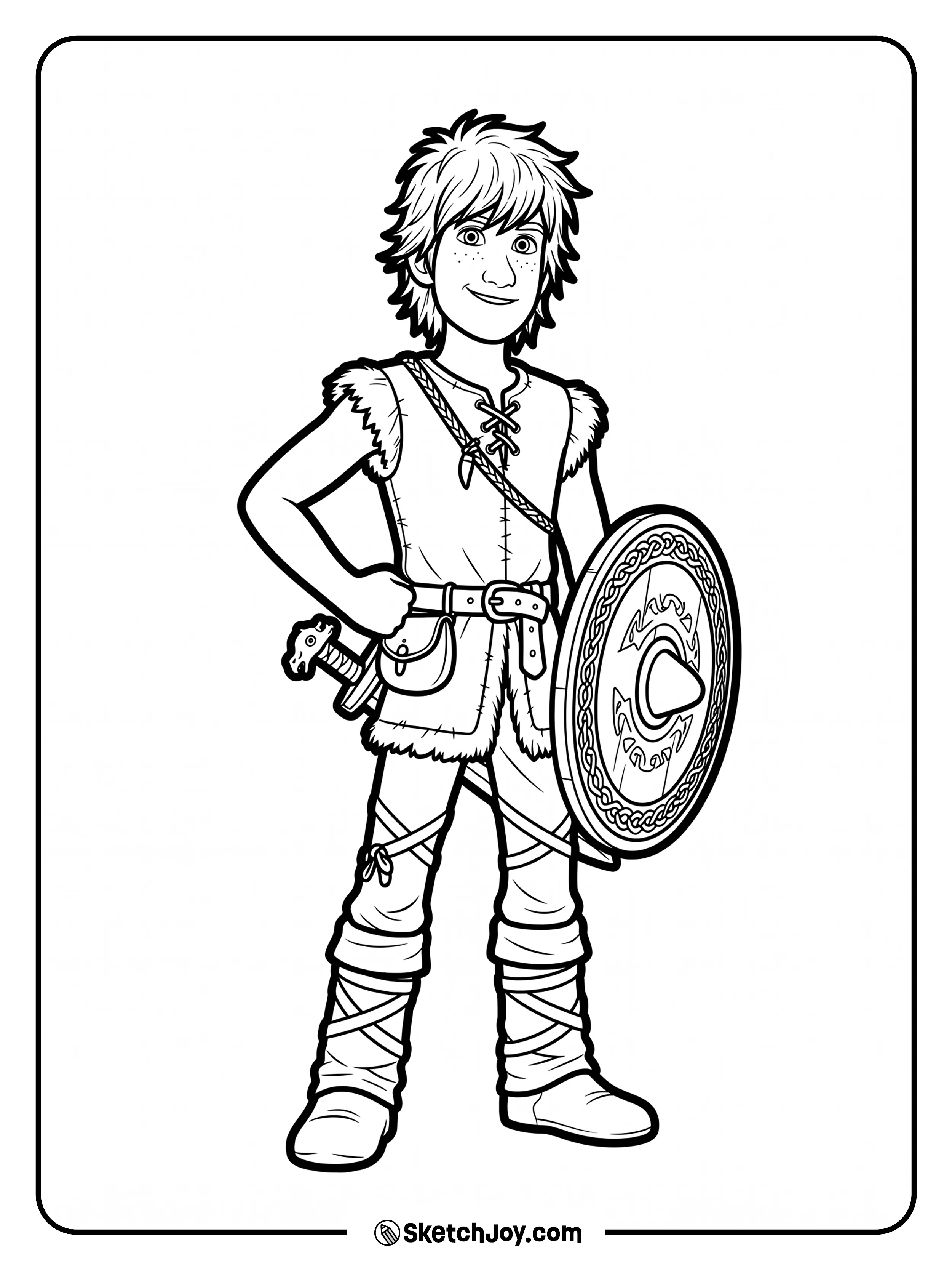 Hiccup stands with his shield and a calm smile.