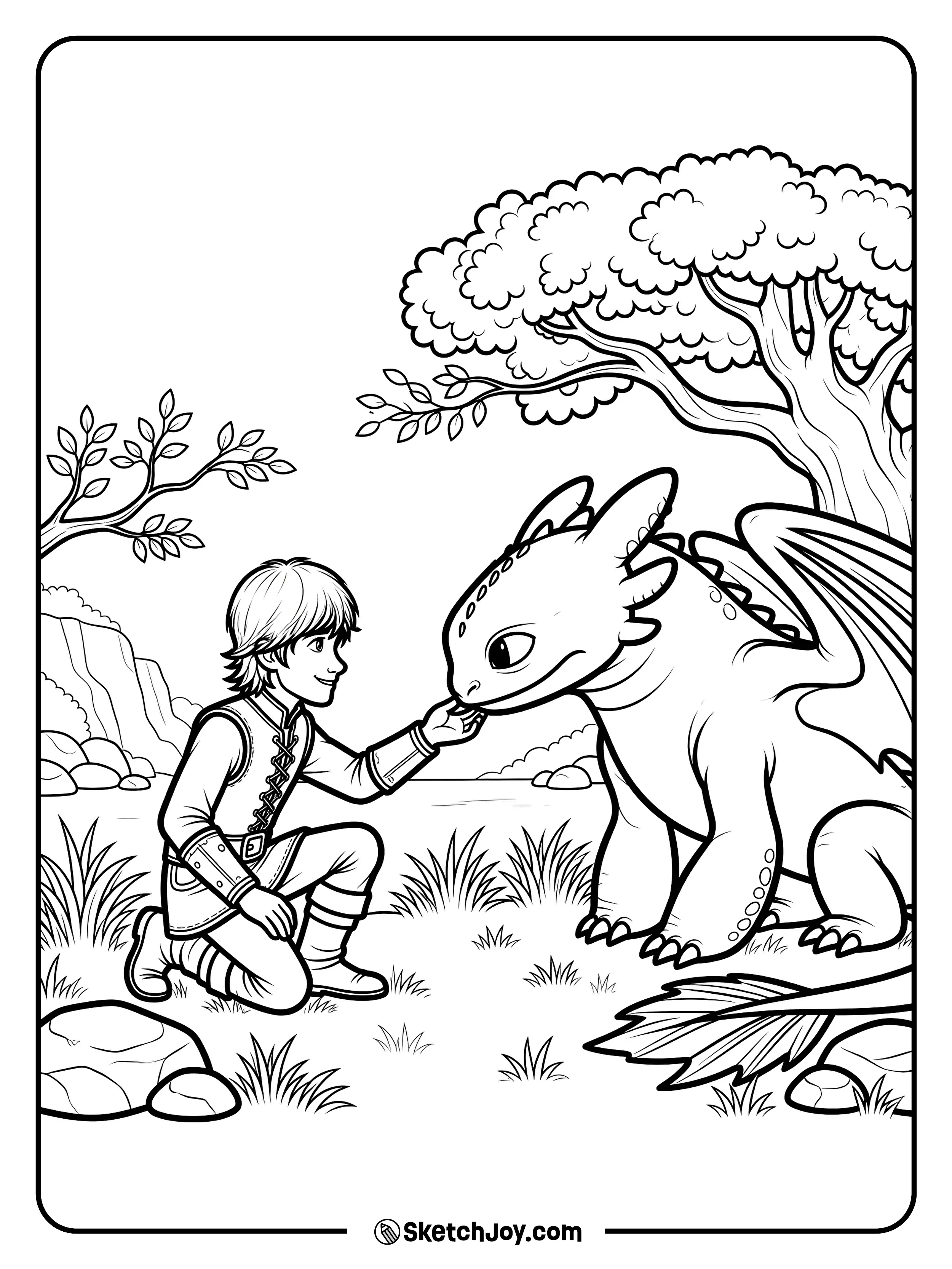 Hiccup gently reaches toward Toothless in a quiet forest cove.