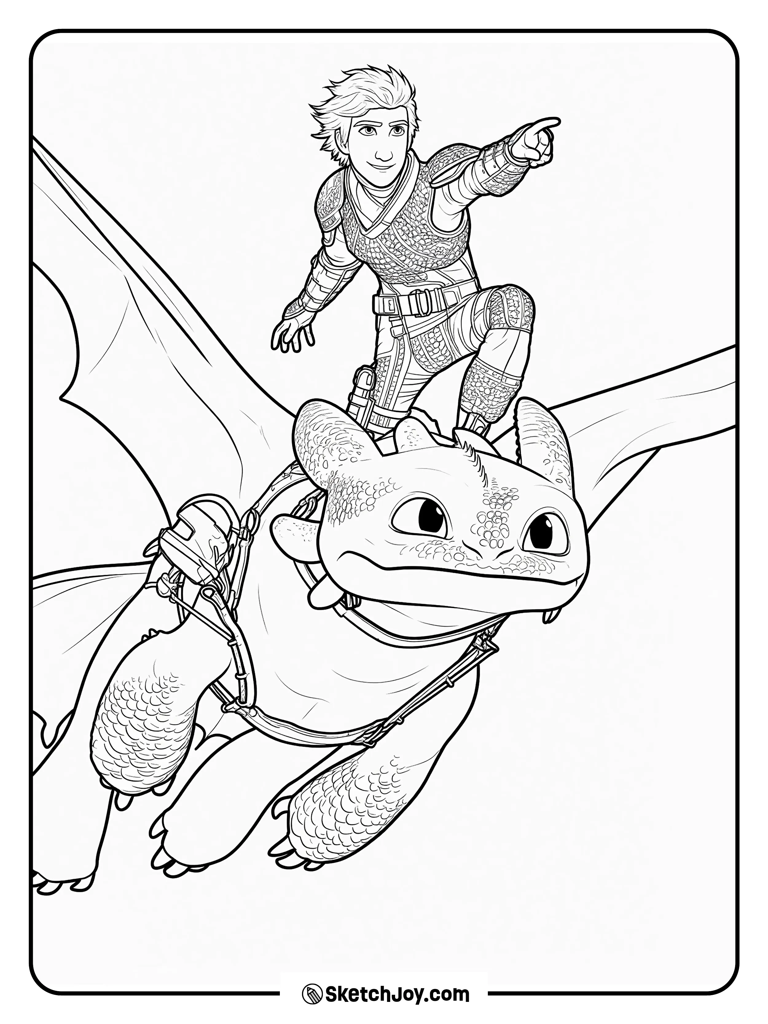 Hiccup rides Toothless through the sky and points toward their next goal.