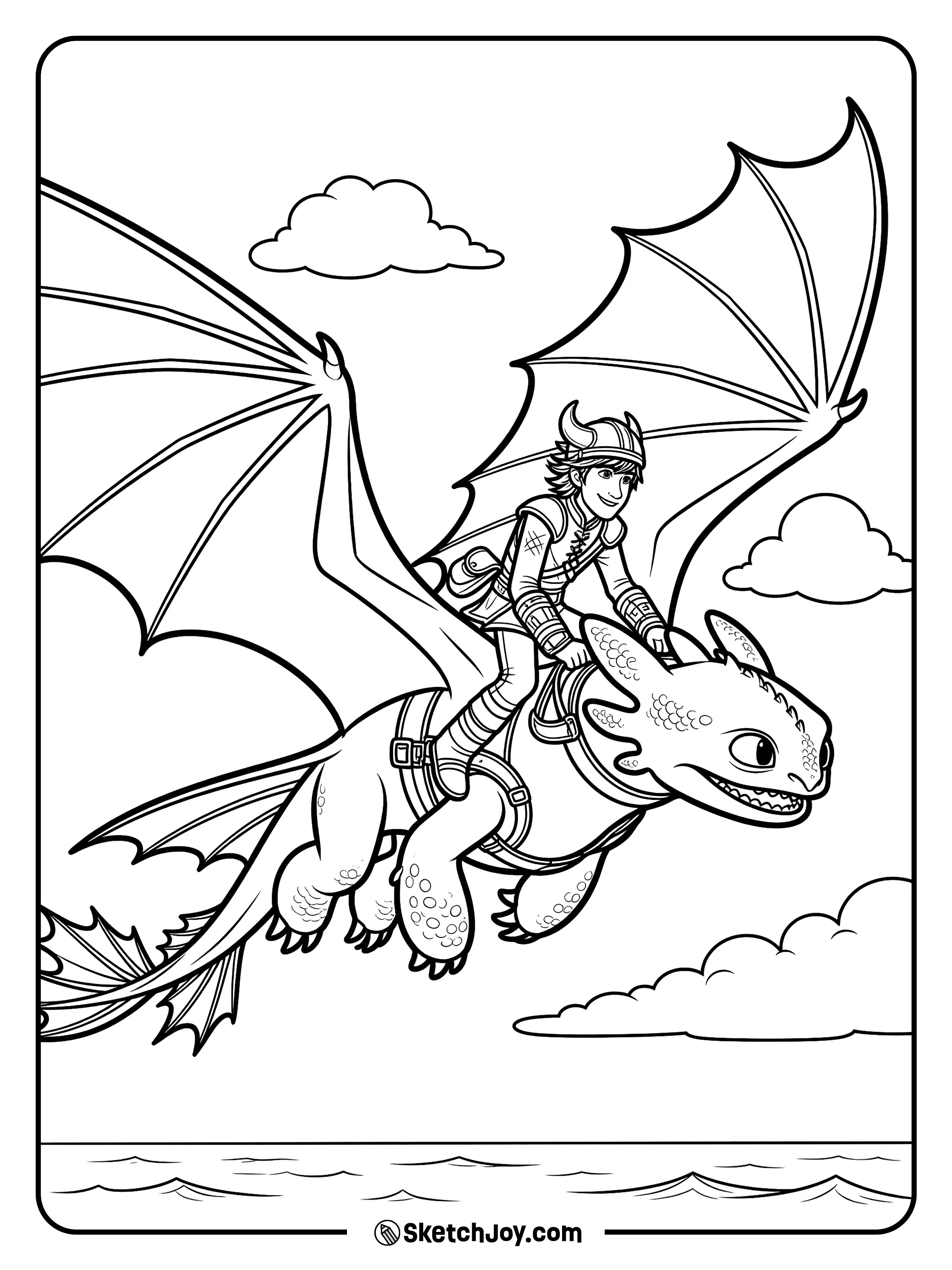 Hiccup flies on Toothless over a few soft clouds.