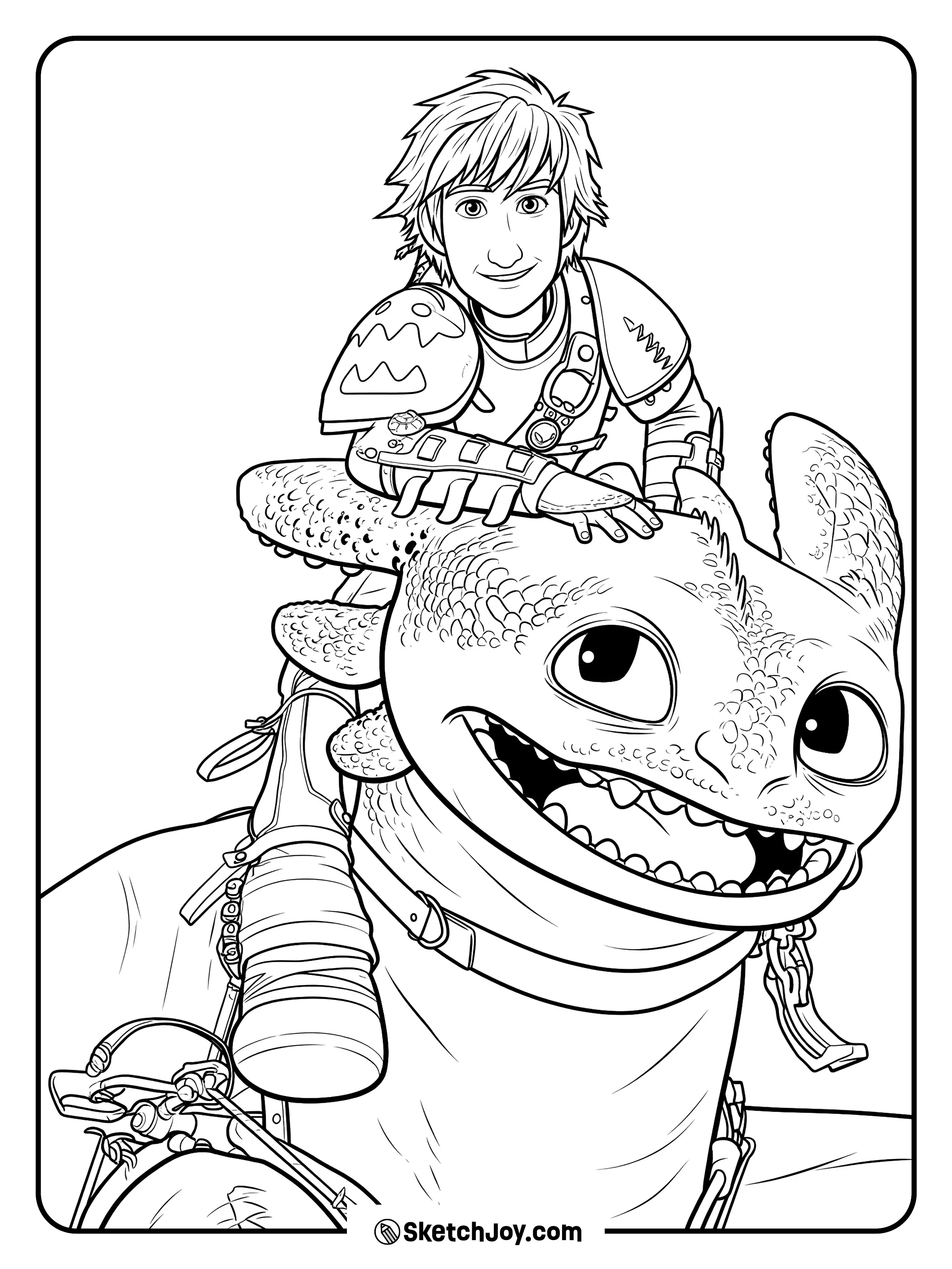 Hiccup smiles while riding Toothless, who looks excited and full of energy.