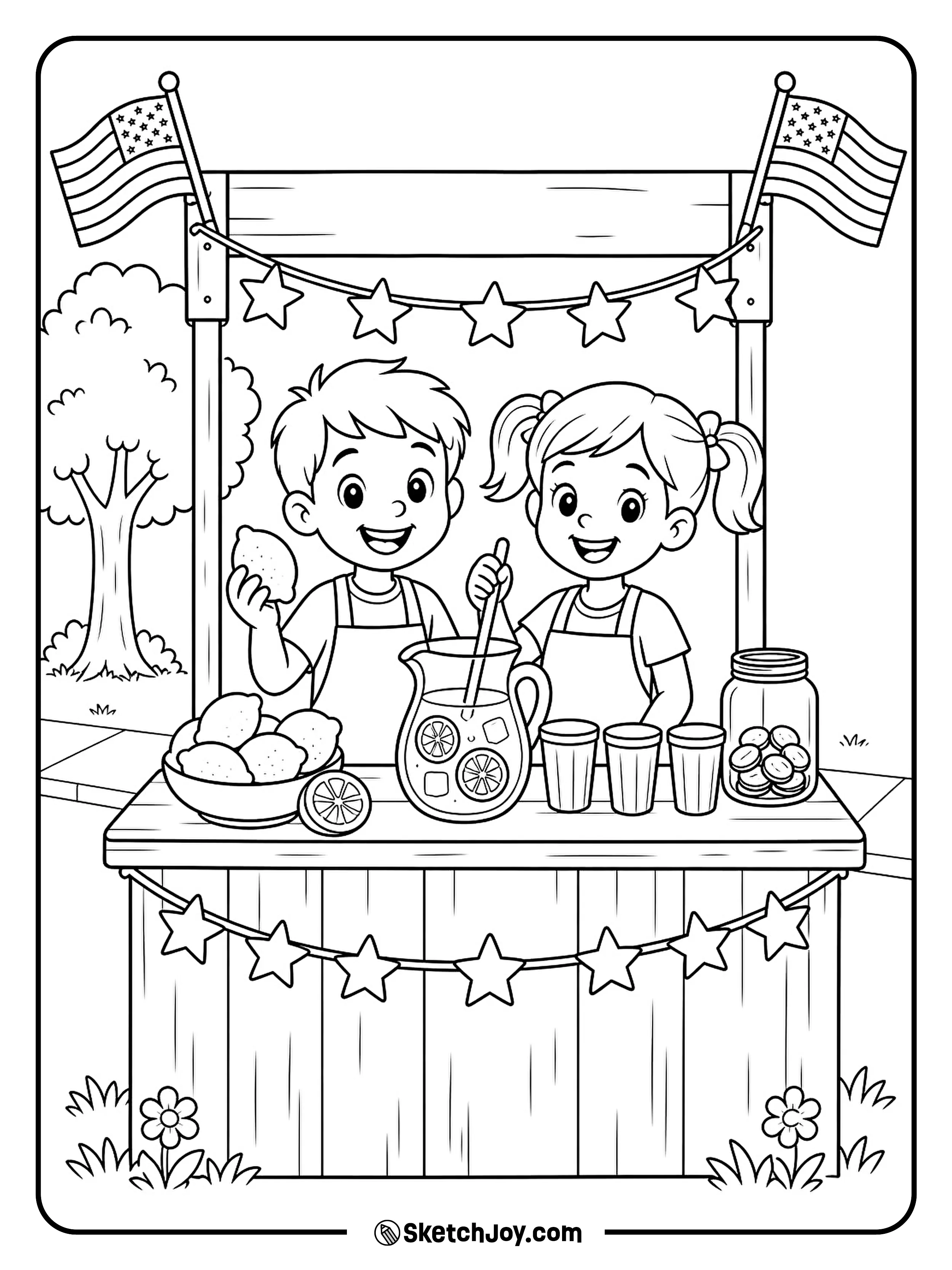 Two friends sell lemonade from a stand covered with stars and flags.