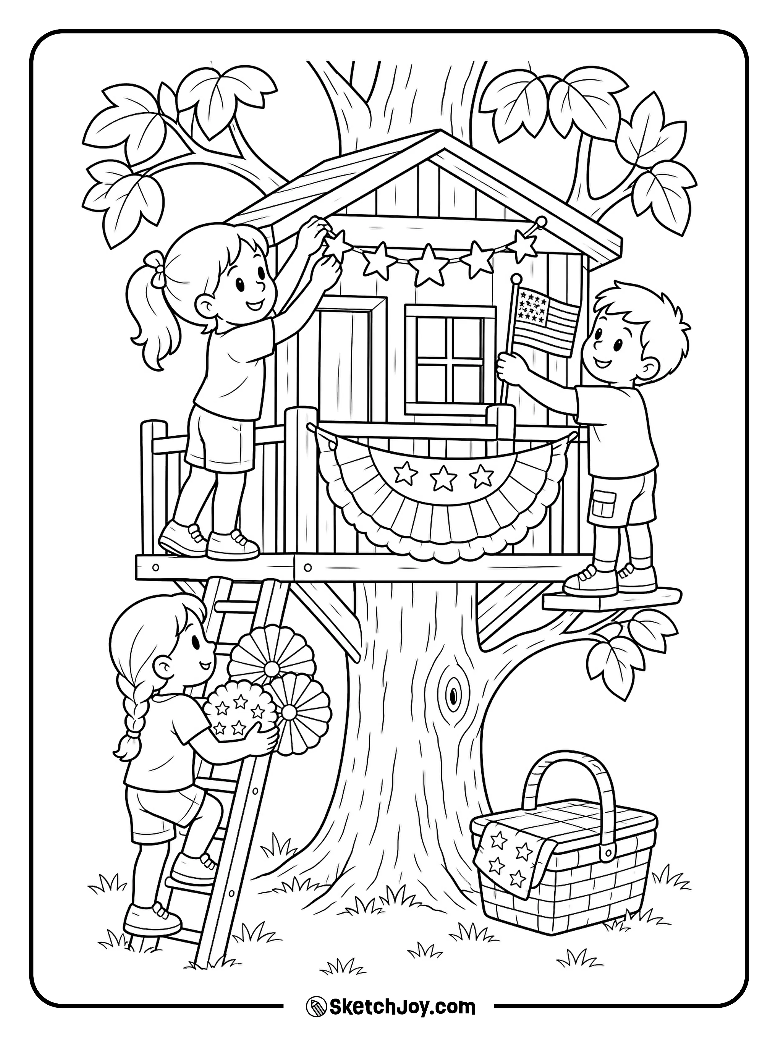 Friends decorate a treehouse with flags, stars, and paper chains.