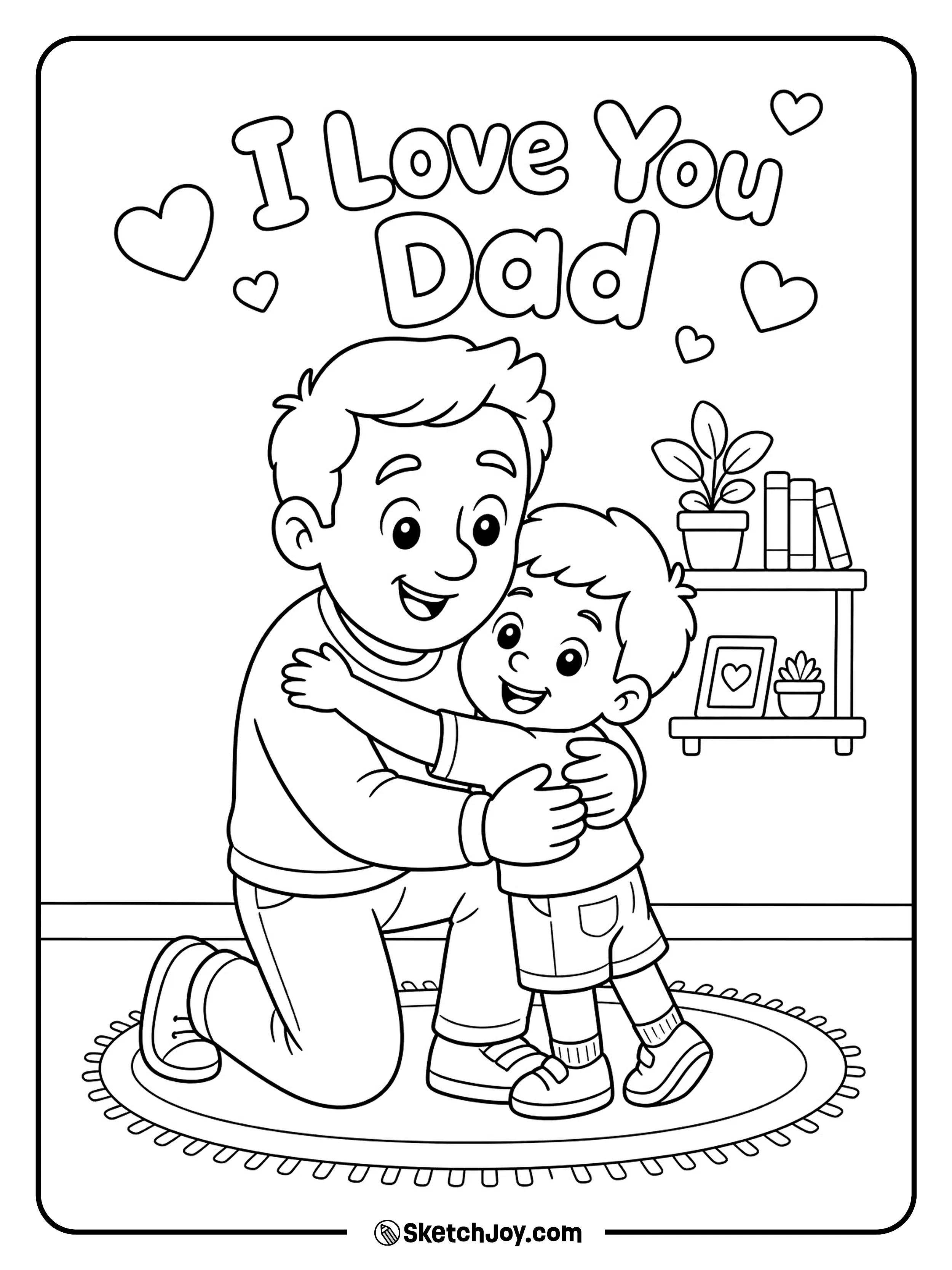 A child gives Dad a big hug with a happy message above them.