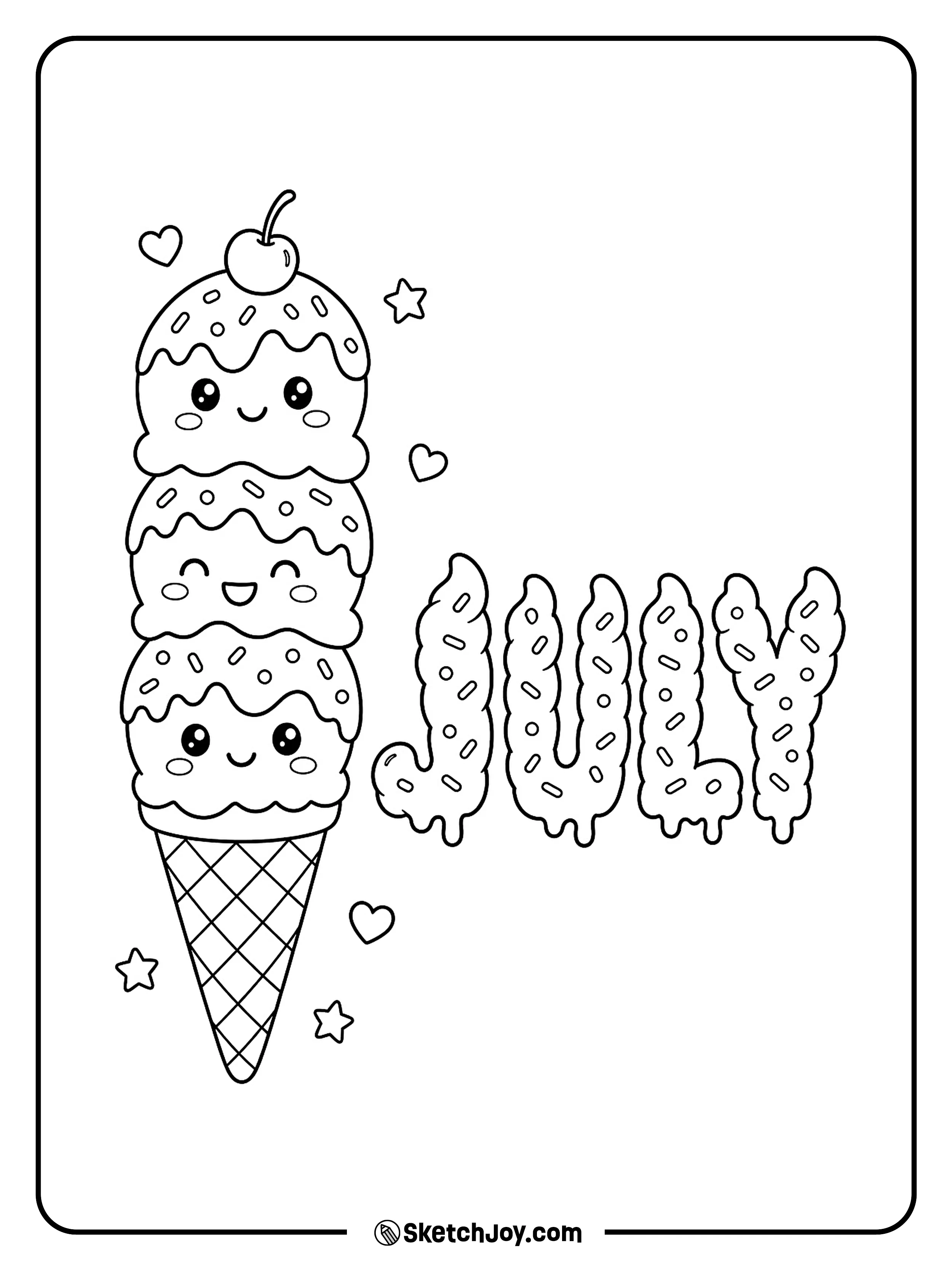 A tall ice cream cone is paired with soft, swirly JULY letters.