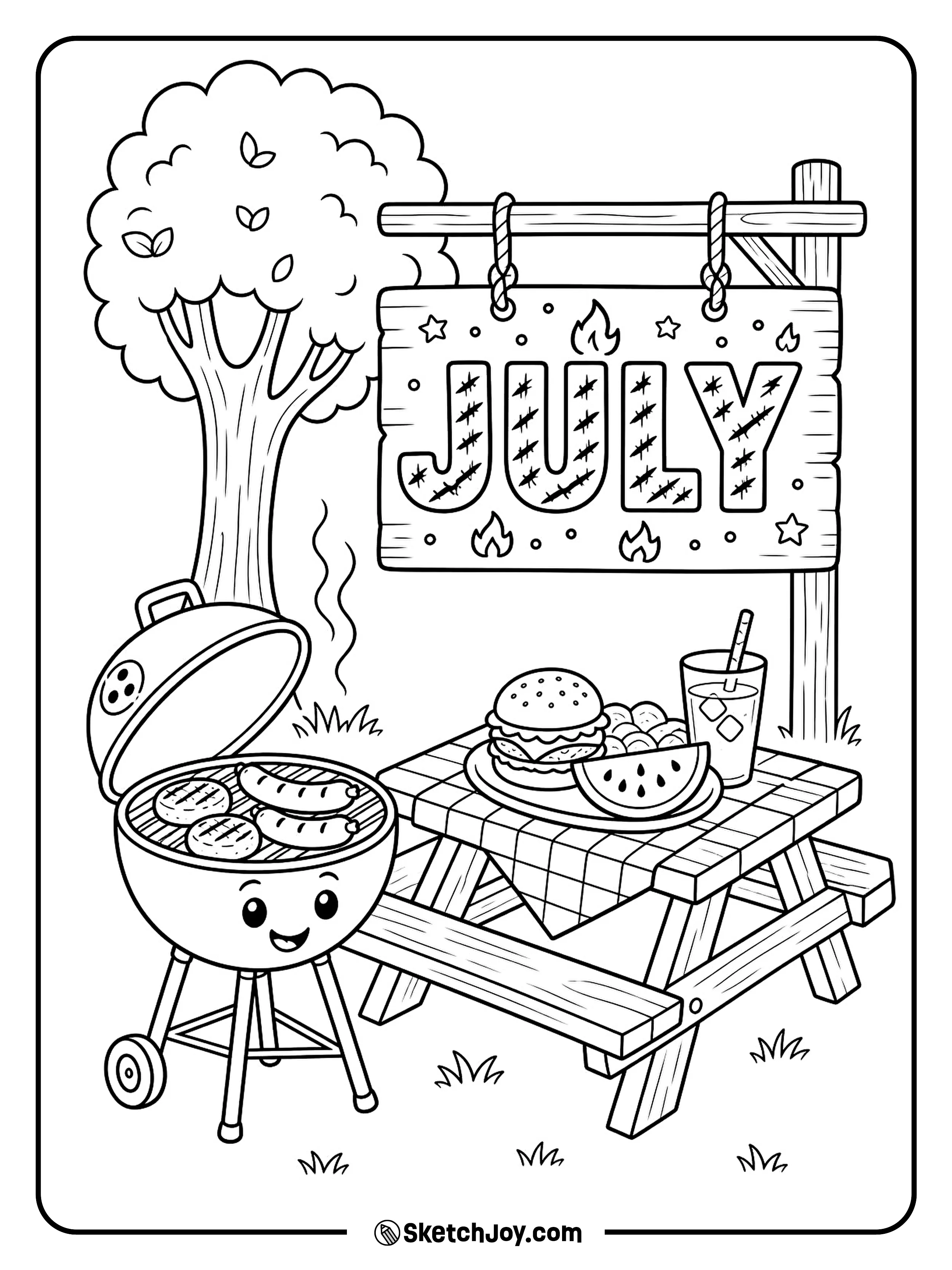 A grill, picnic table, and big JULY sign create a summer cookout scene.