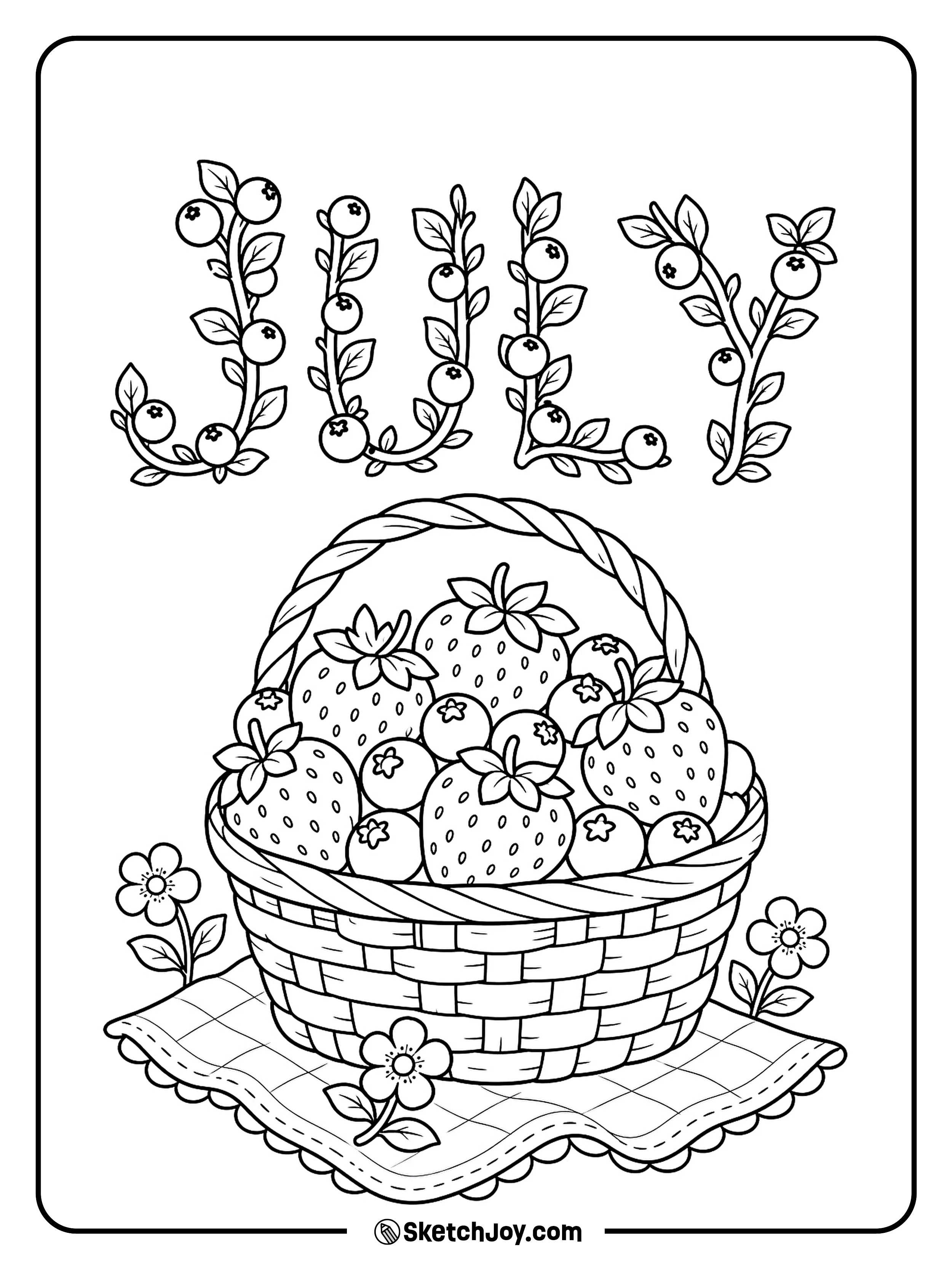 A basket of summer berries sits under sweet JULY letters.