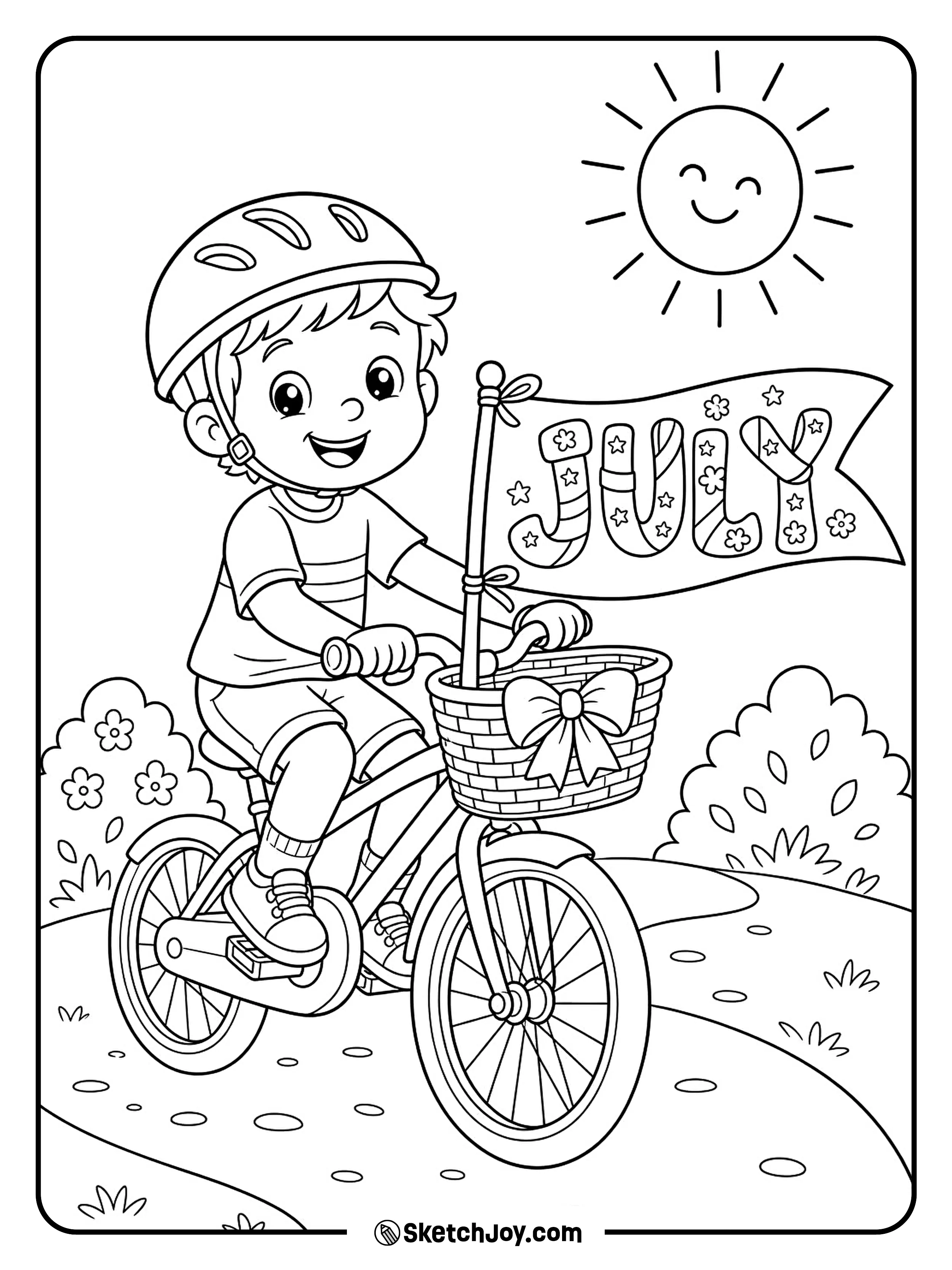 A child rides a bike past big JULY letters on a sunny day.