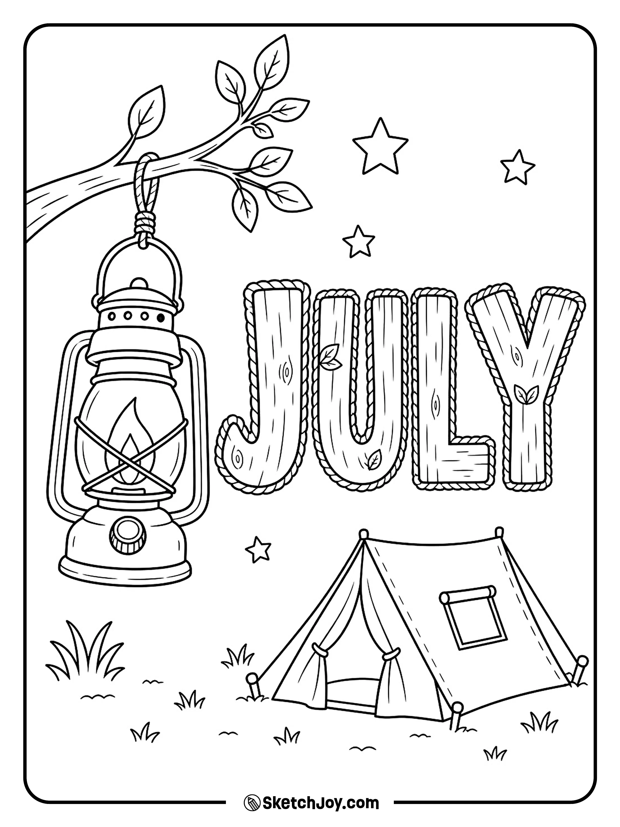 A camp lantern glows beside bold JULY letters with outdoor details.