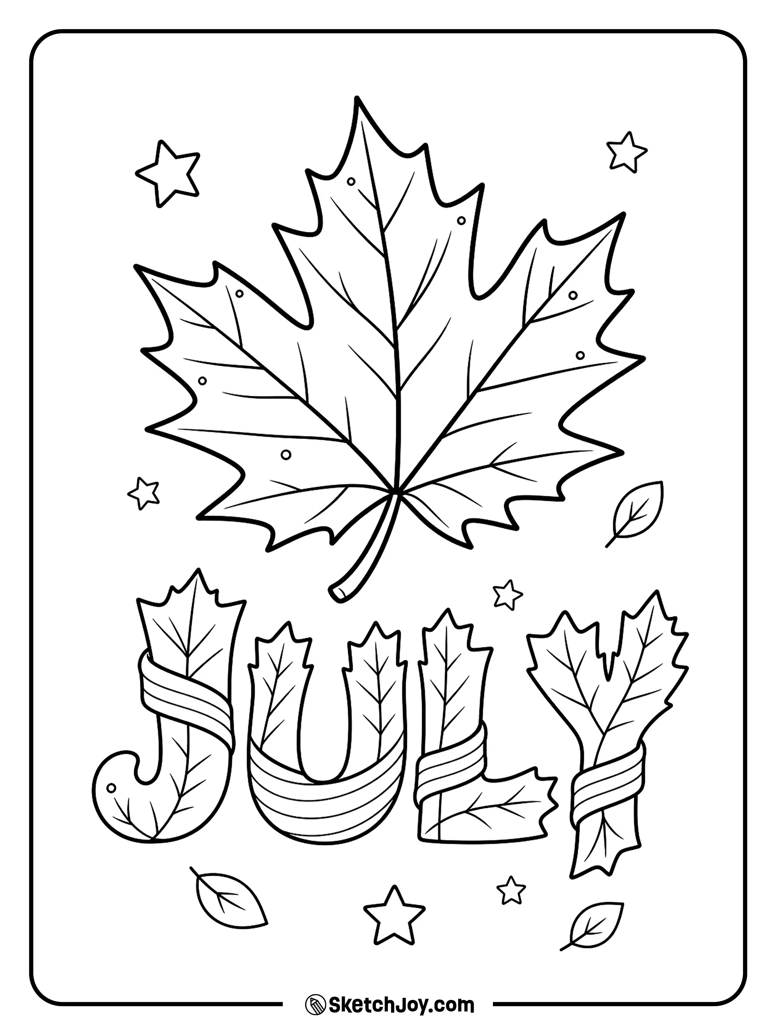 A maple leaf and bold JULY letters make a clean holiday design.