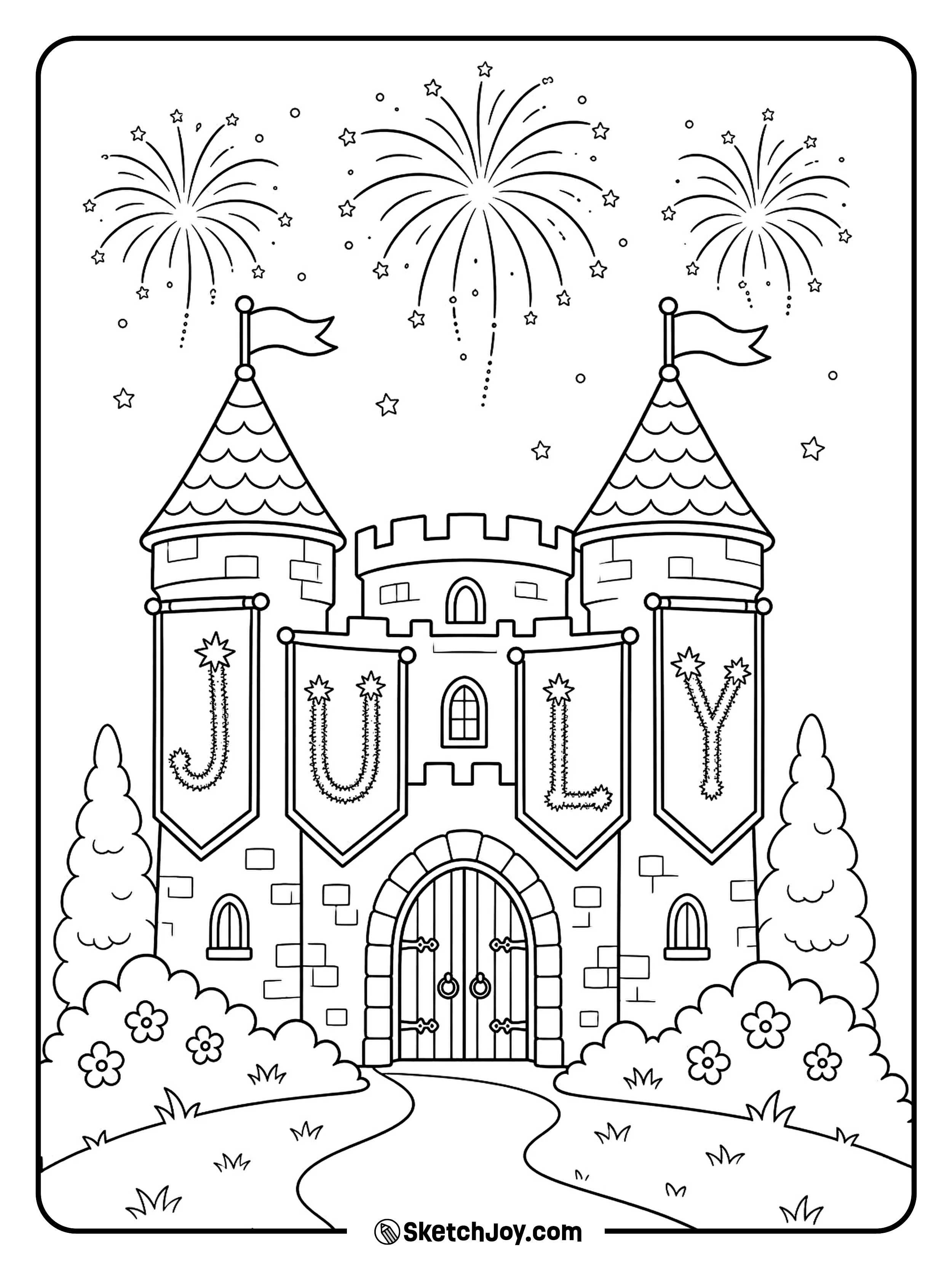A small castle has fireworks above it and JULY on the tower flags.