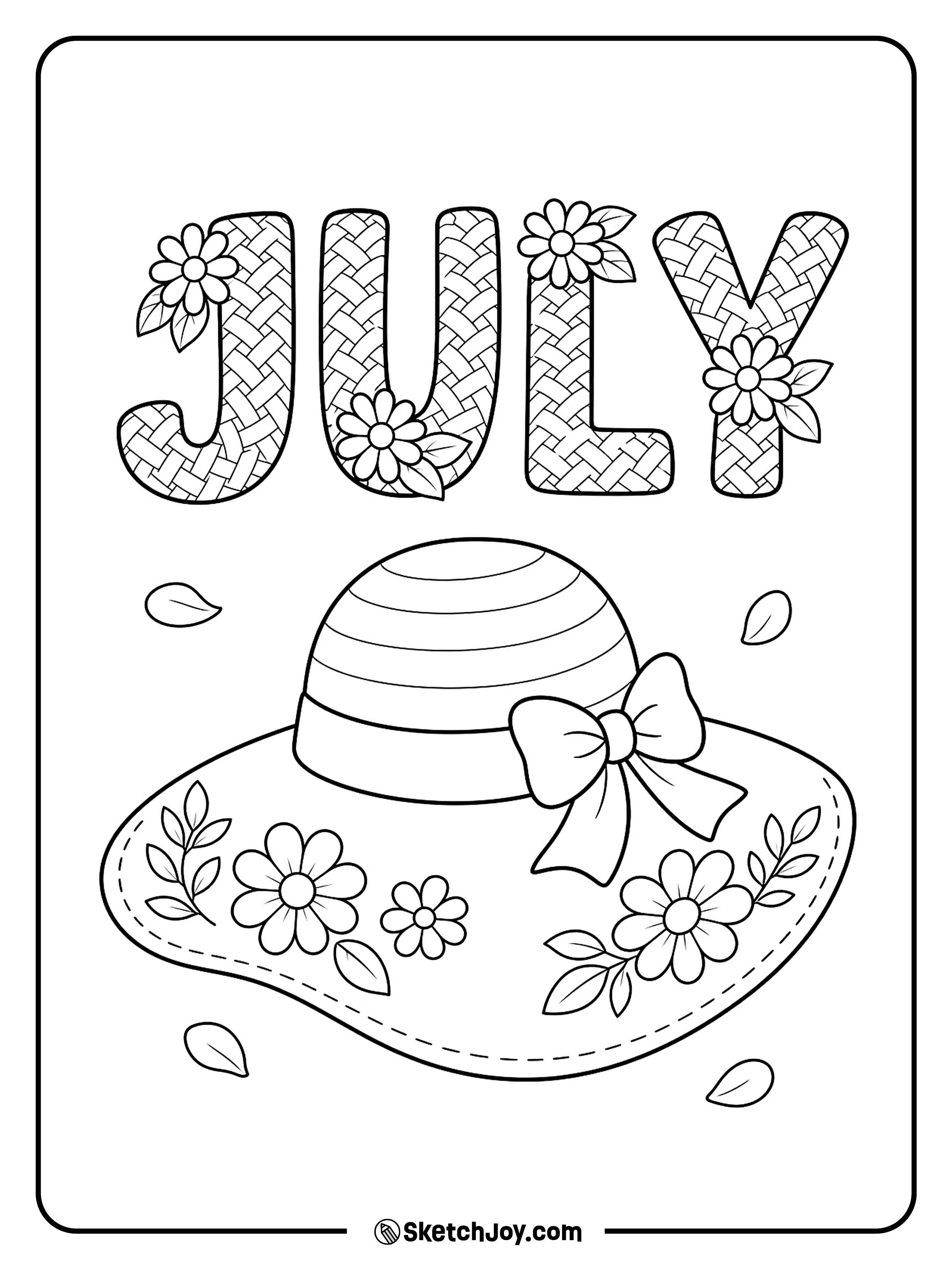 A sun hat with flowers sits near soft summer JULY lettering.