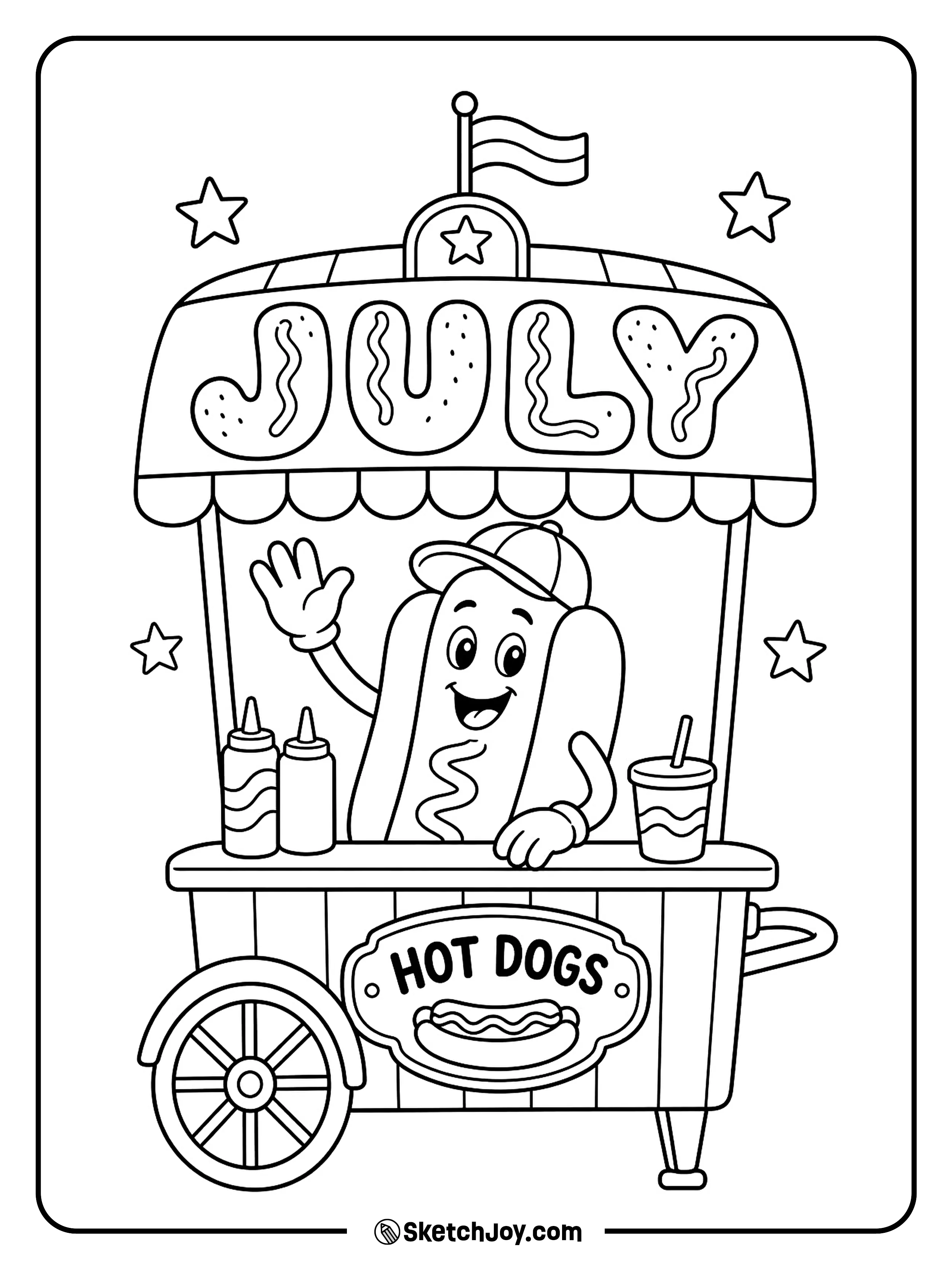 A fun hot dog cart adds a summer food twist to the JULY letters.