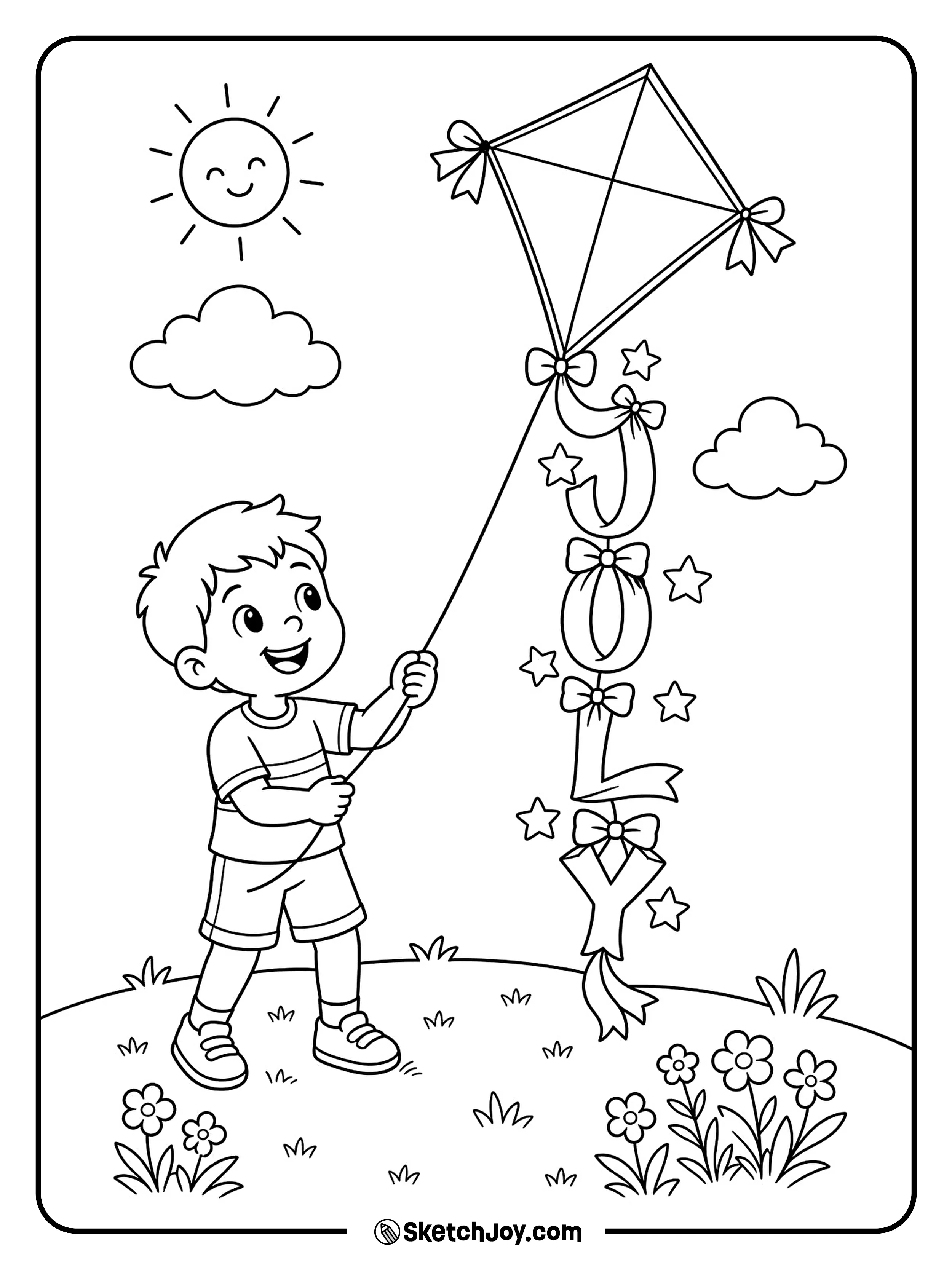 A kite flies above a grassy field with fun JULY ribbon letters.
