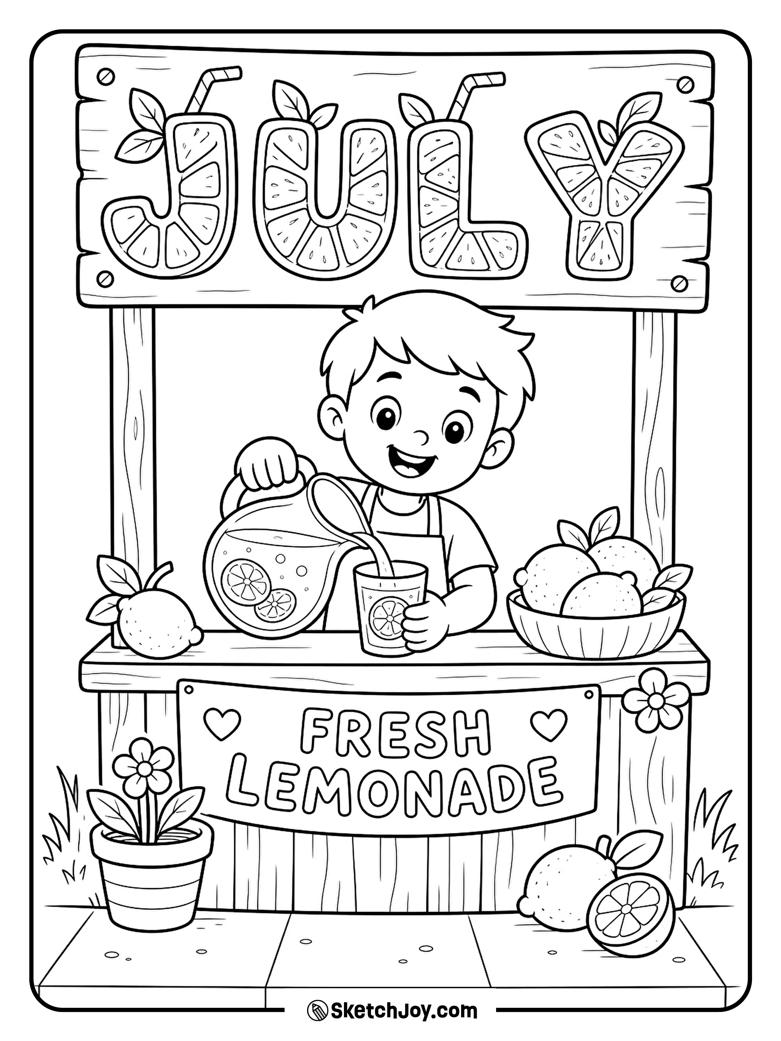 A small lemonade stand brings a sweet summer feel to the JULY text.
