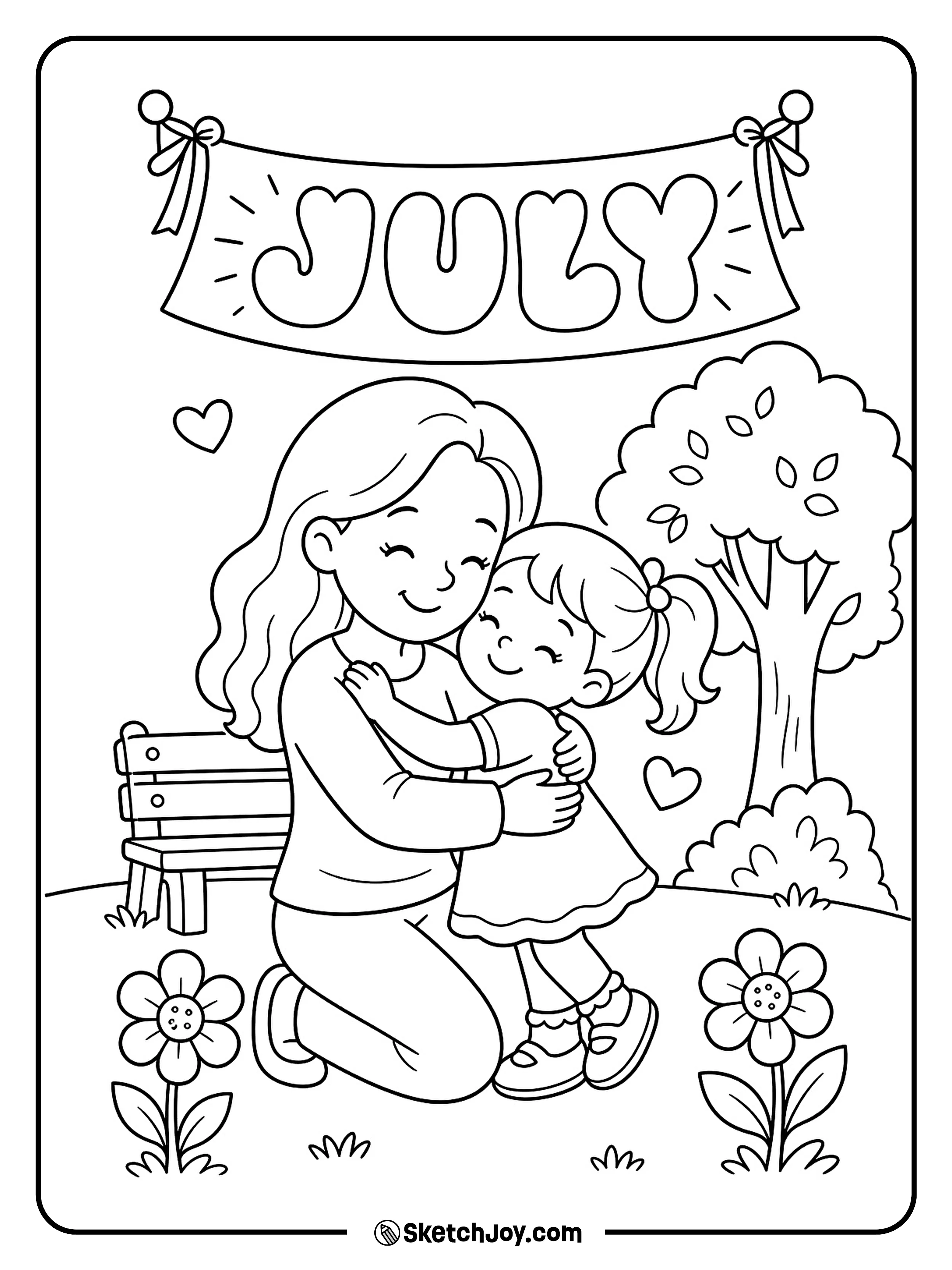 A parent and child hug beside warm JULY lettering.