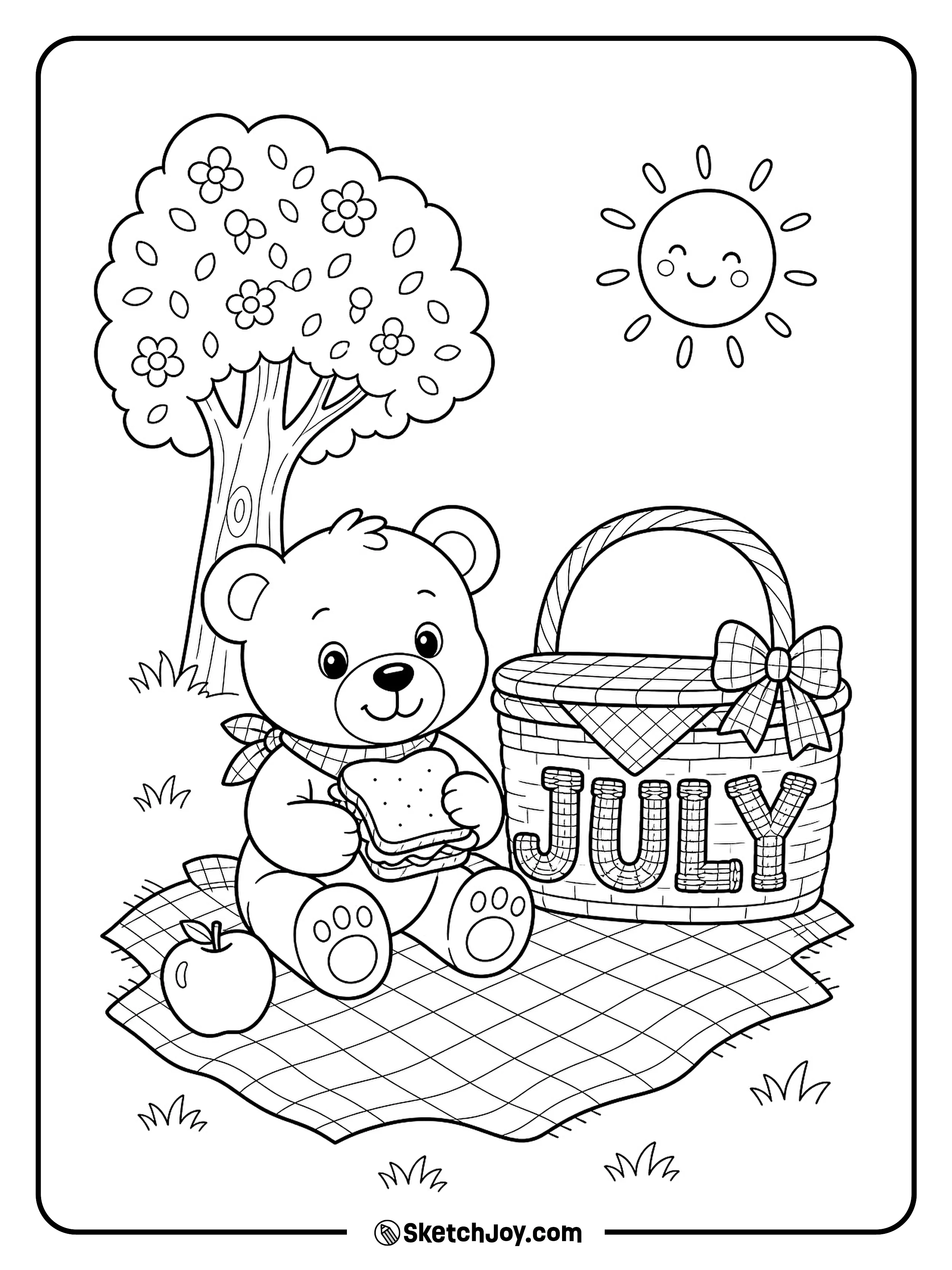 A teddy bear enjoys a picnic with a sweet JULY blanket design.