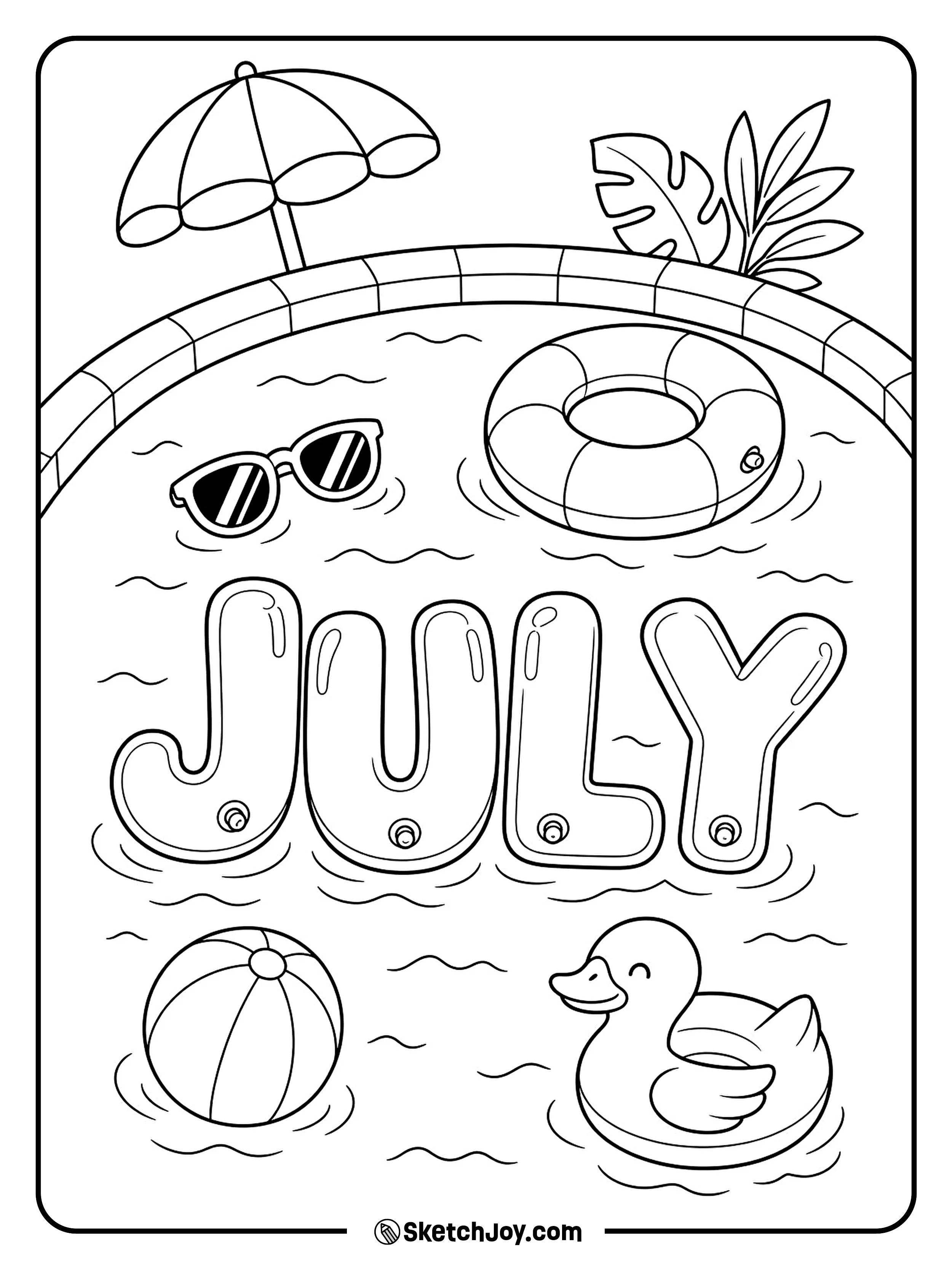 A smiling pool float drifts near bold summer letters.