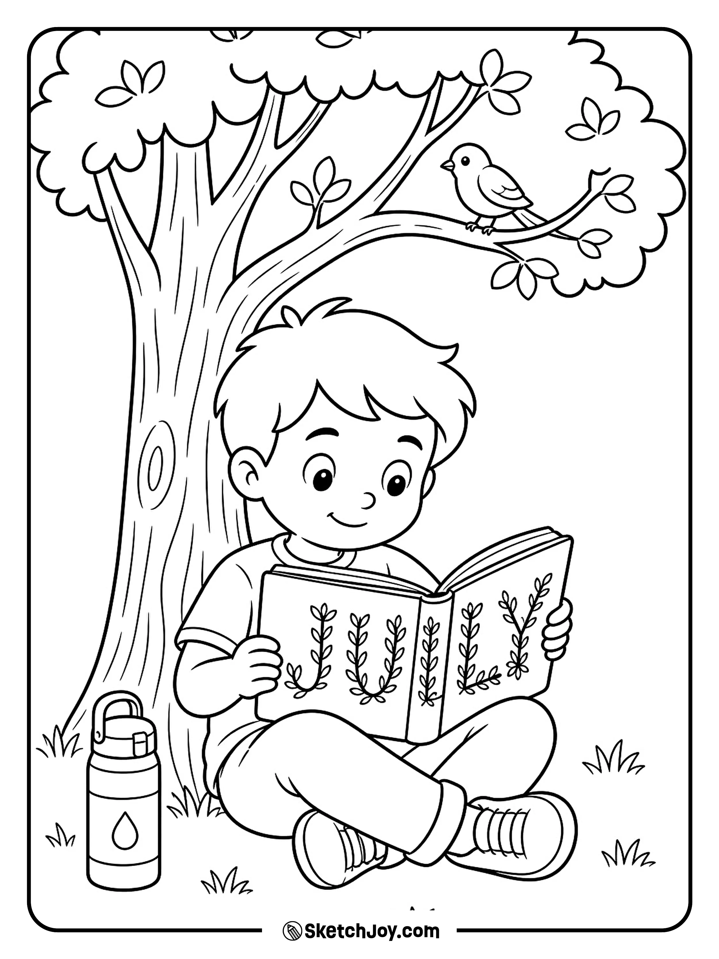 A kid reads under a tree with JULY letters on a cozy book cover.