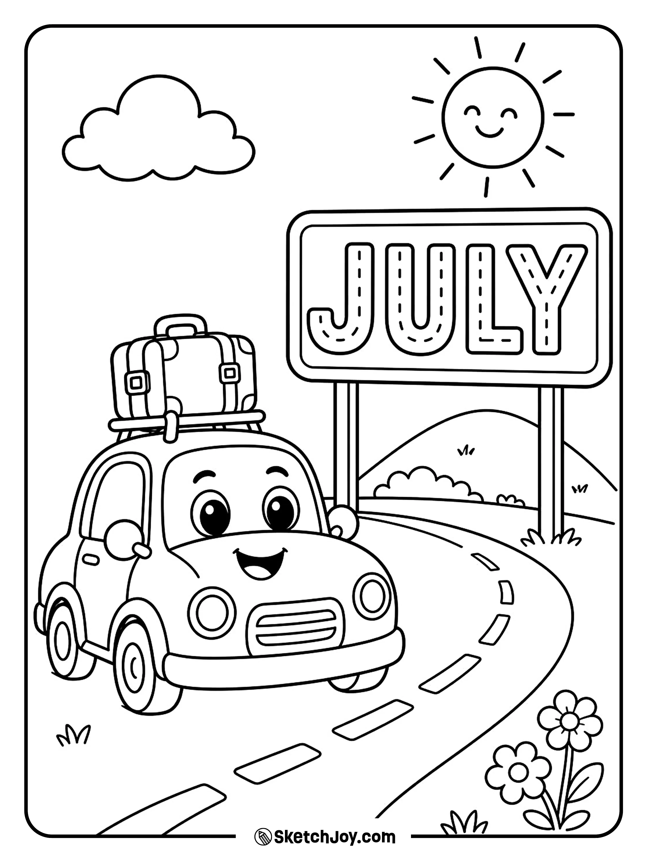 A cute car rolls past a JULY road sign on a summer drive.