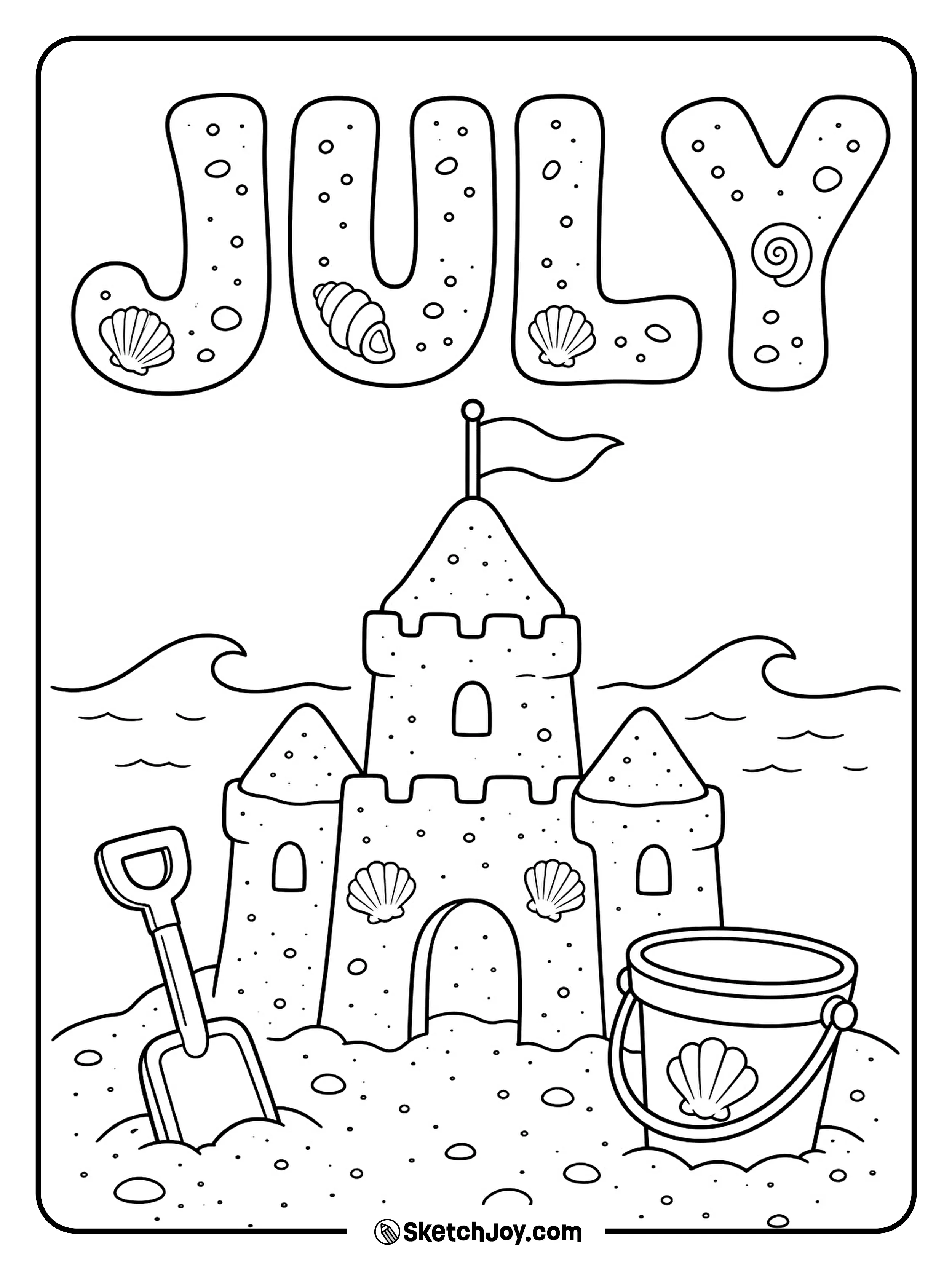 A sandcastle and beach pail sit under soft summer JULY letters.