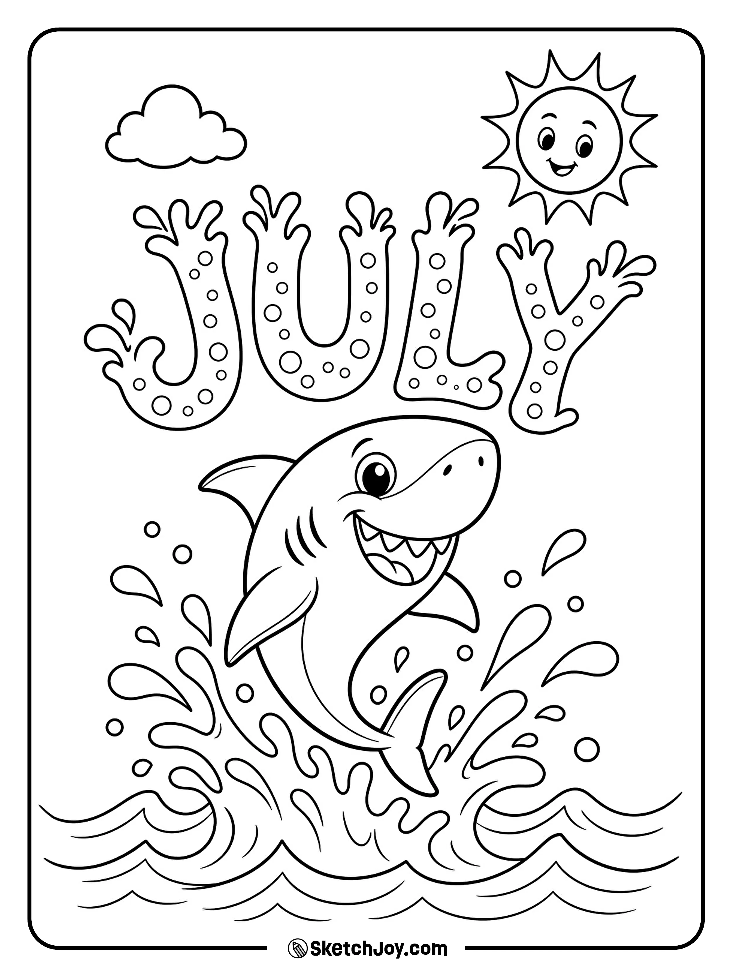 A friendly shark jumps near wave-filled JULY letters.
