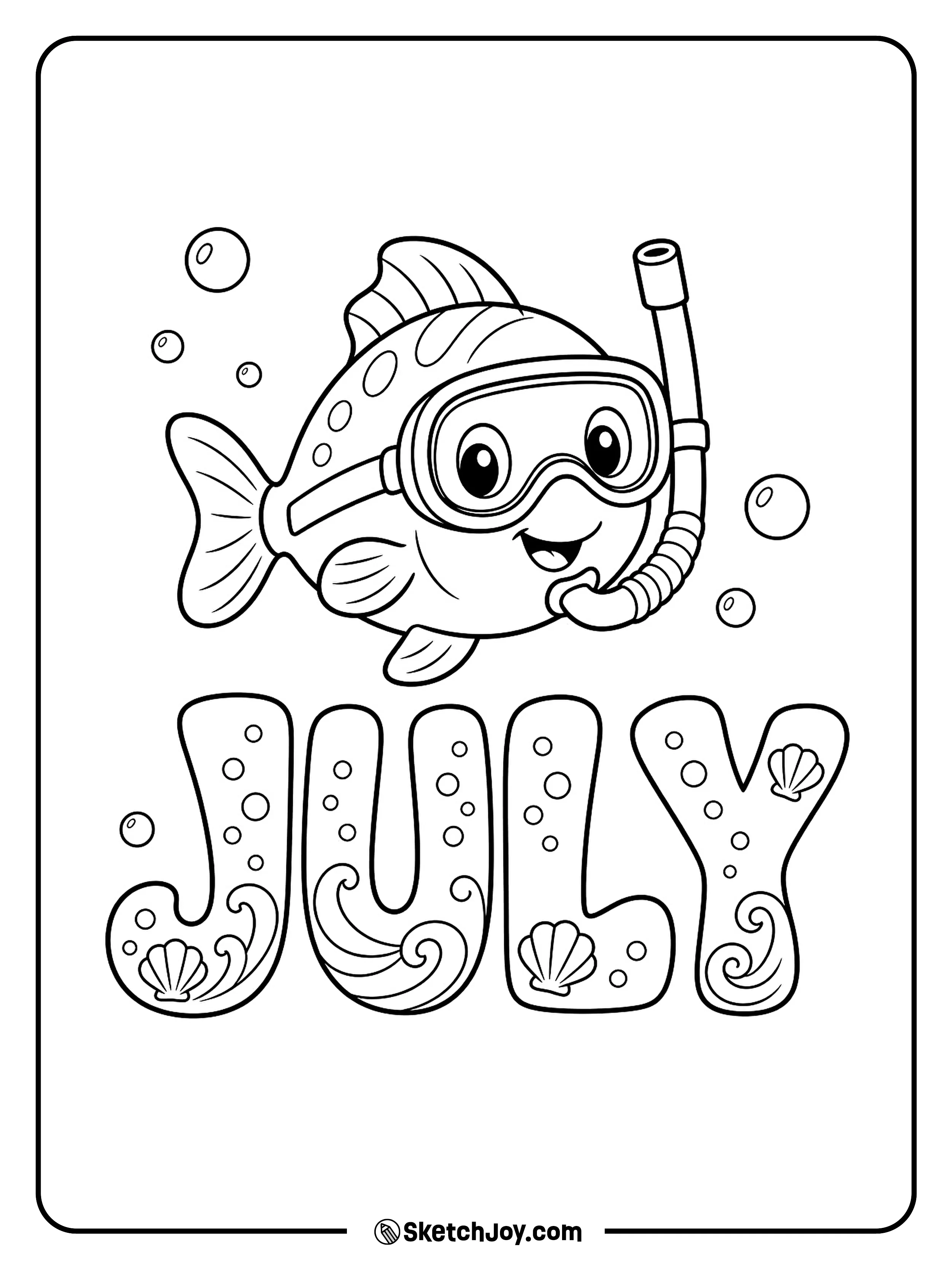 A cute fish and snorkel mask bring ocean fun to the JULY text.