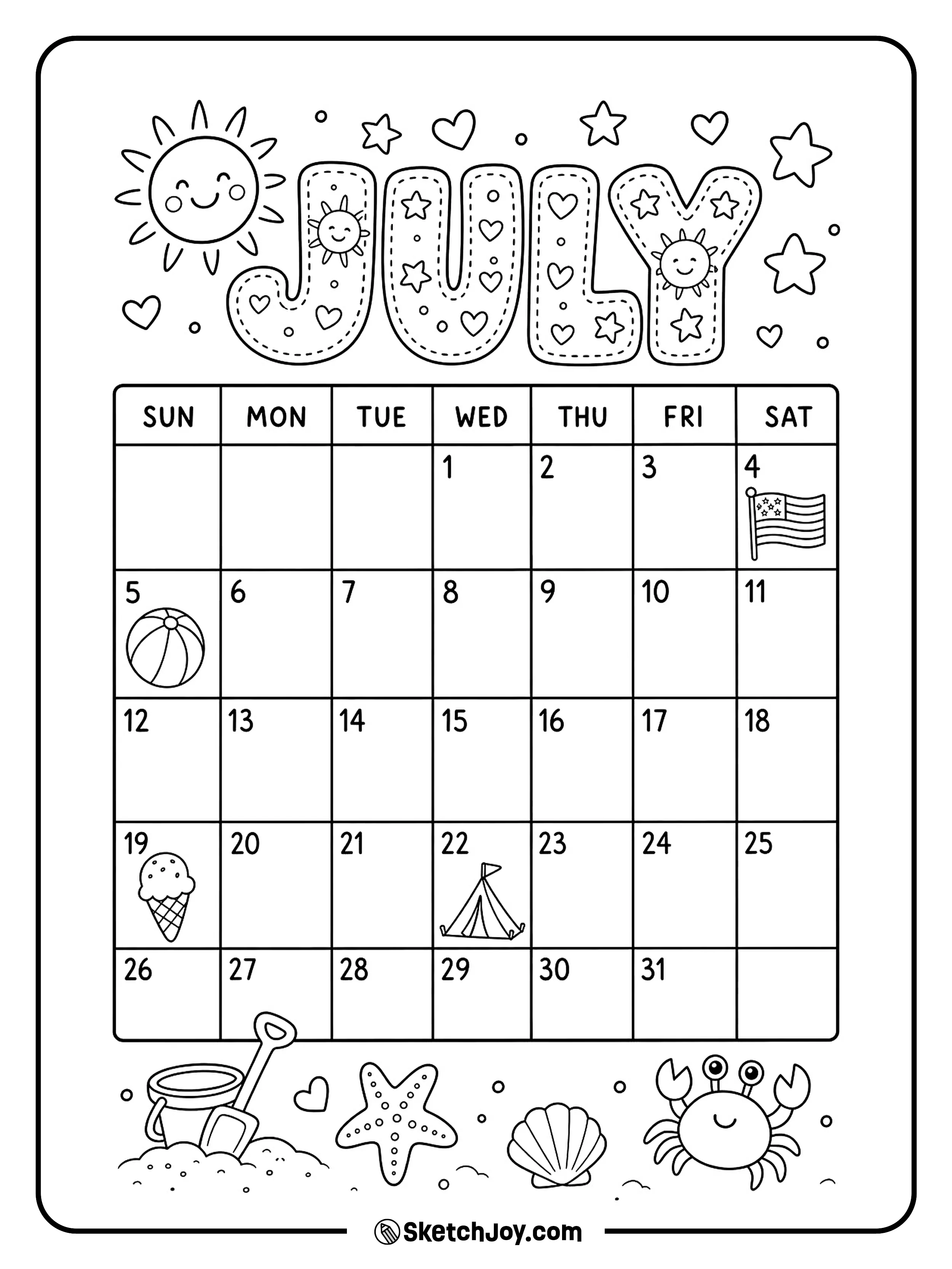 A cute calendar page shows JULY with small summer icons around it.