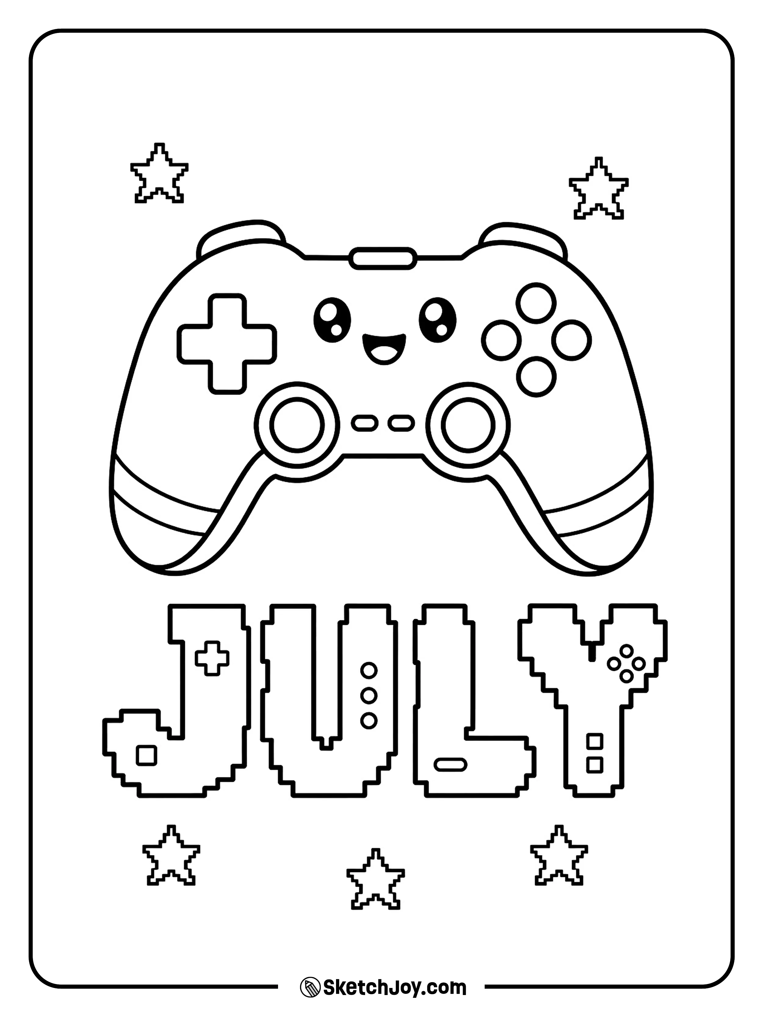 A game controller sits with pixel-style JULY letters.