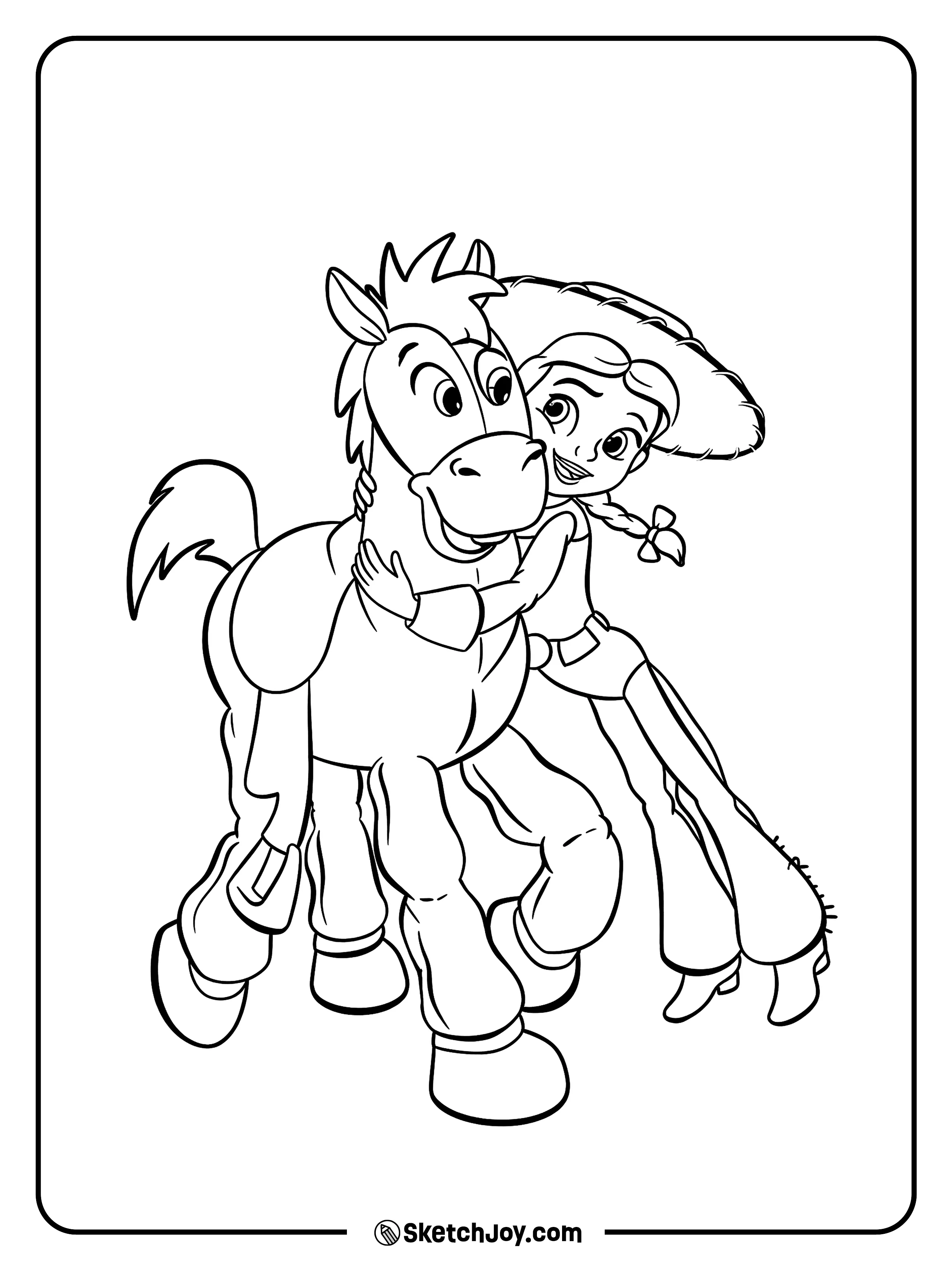 Jessie gives her loyal horse Bullseye a warm hug.