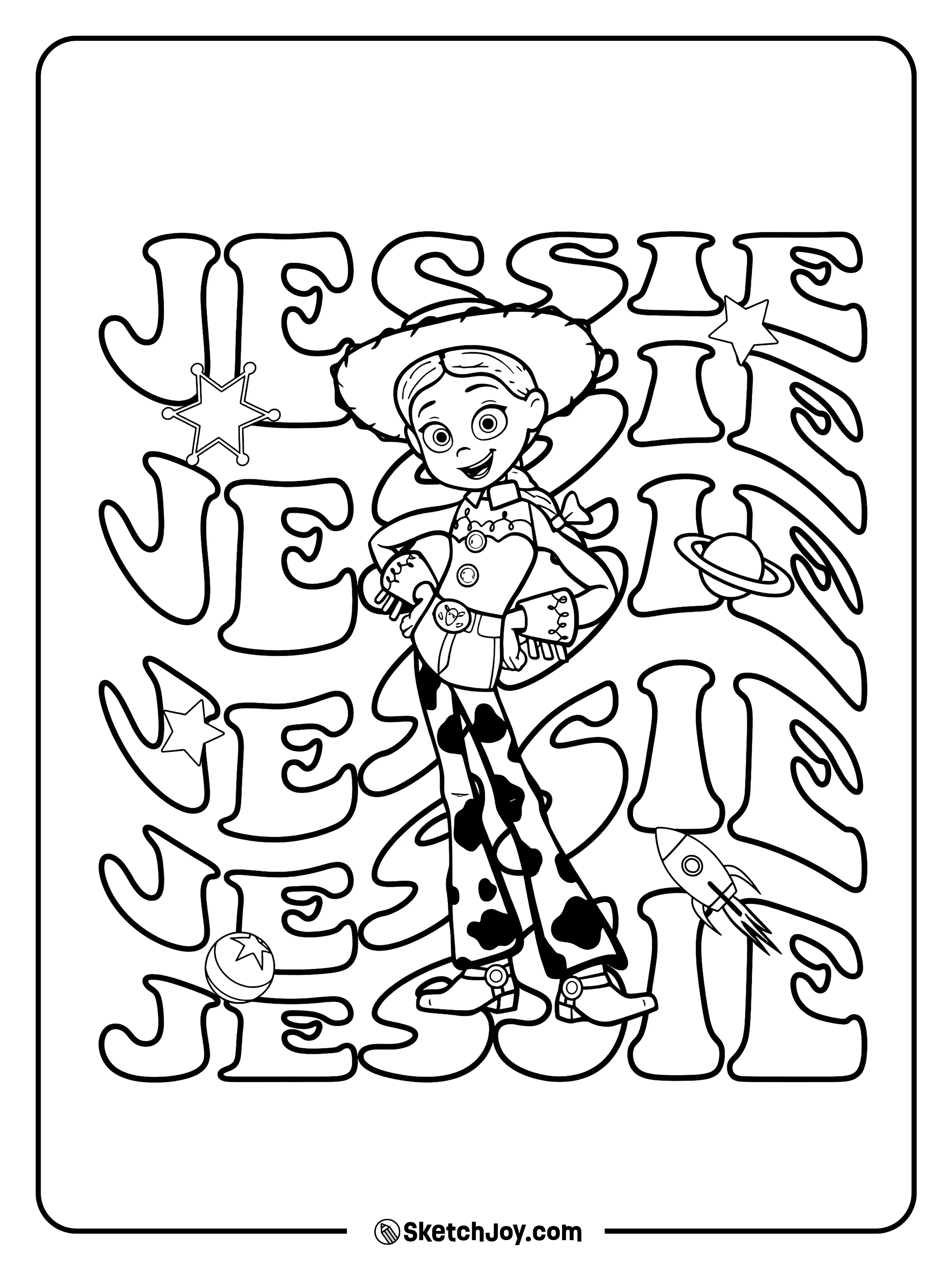 Jessie poses with stars, planets, and rockets around her name.