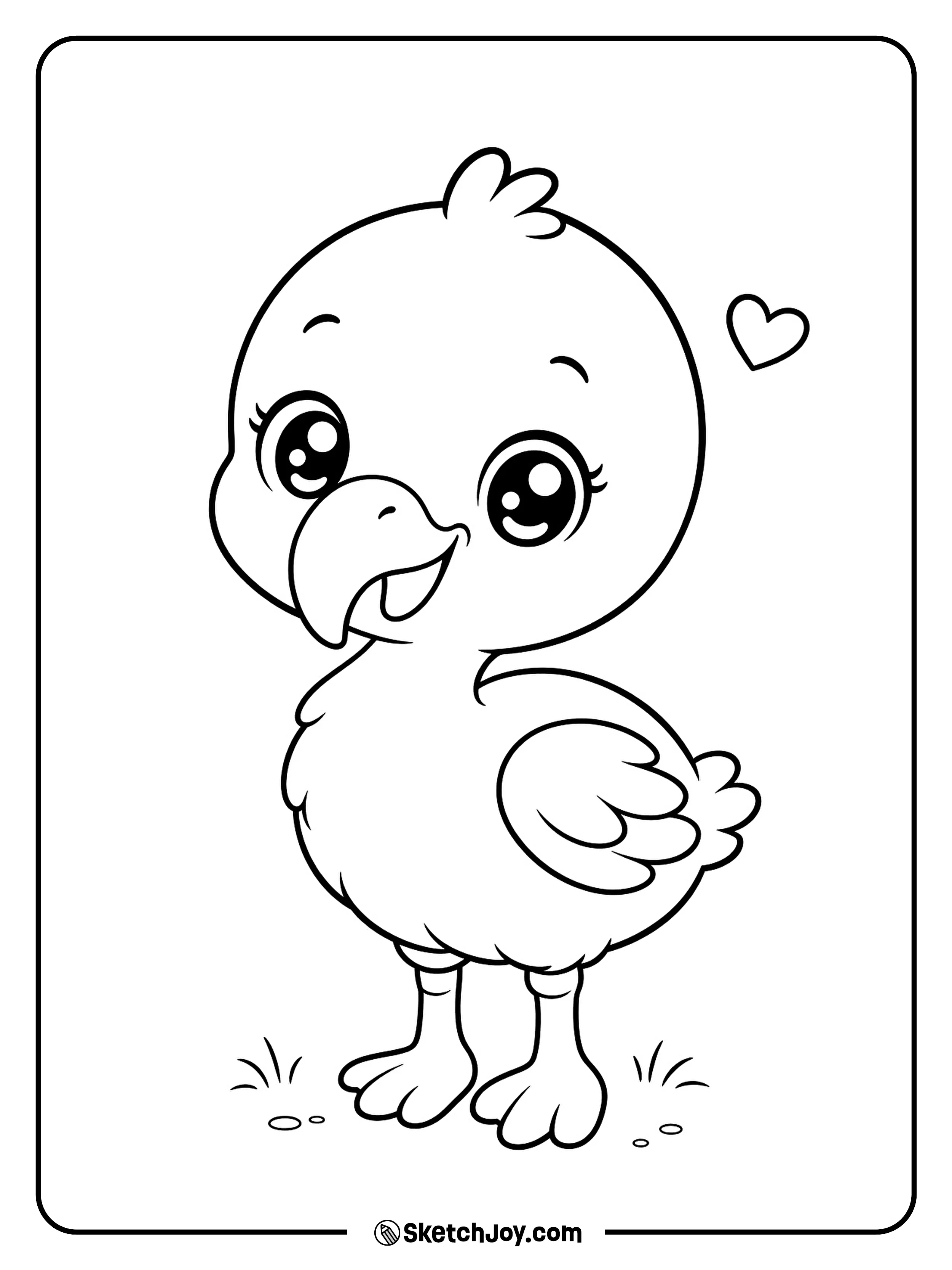 A sweet baby flamingo smiles with tiny wings and large round eyes.