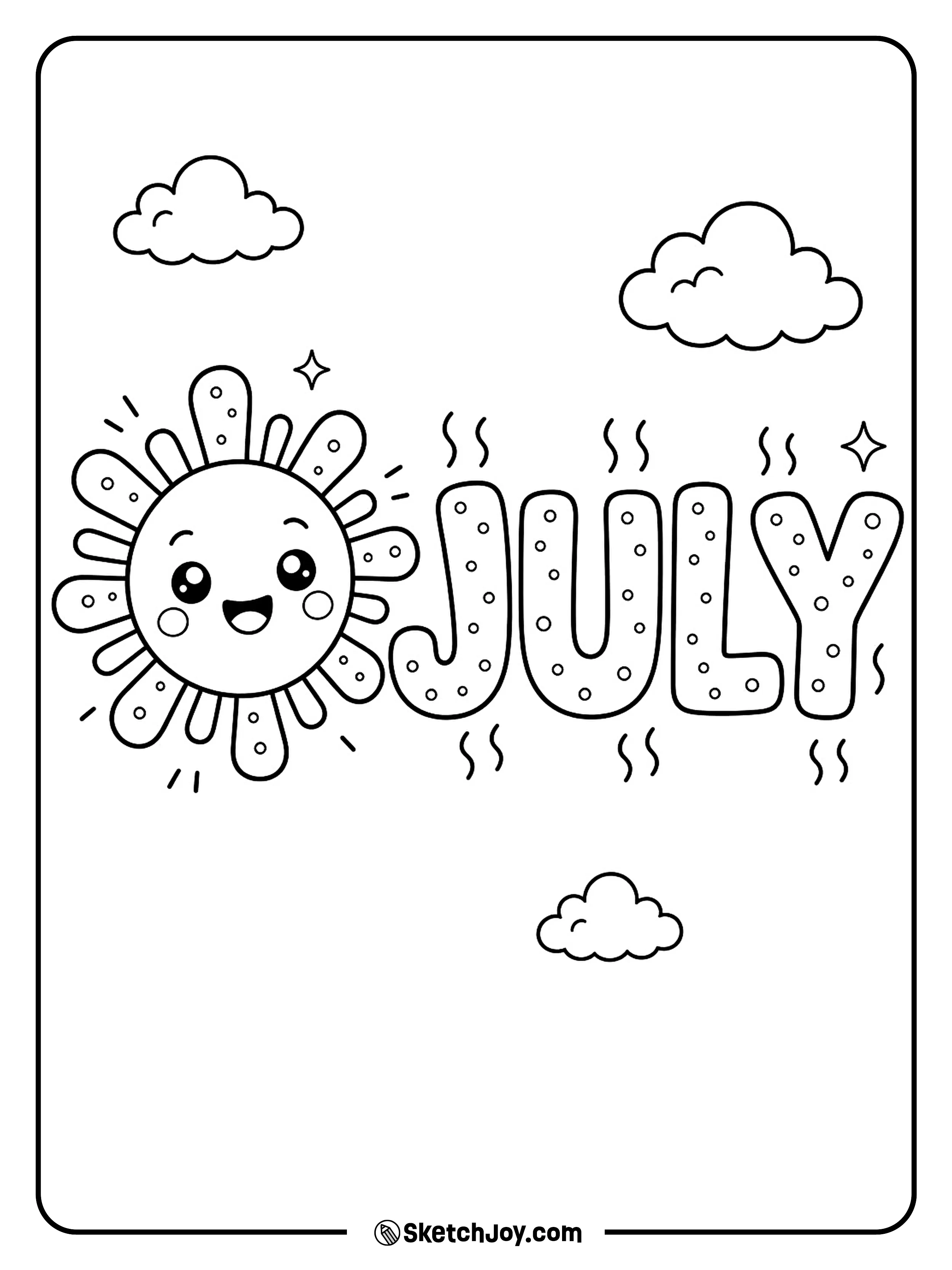A smiling sun shines next to round JULY letters.