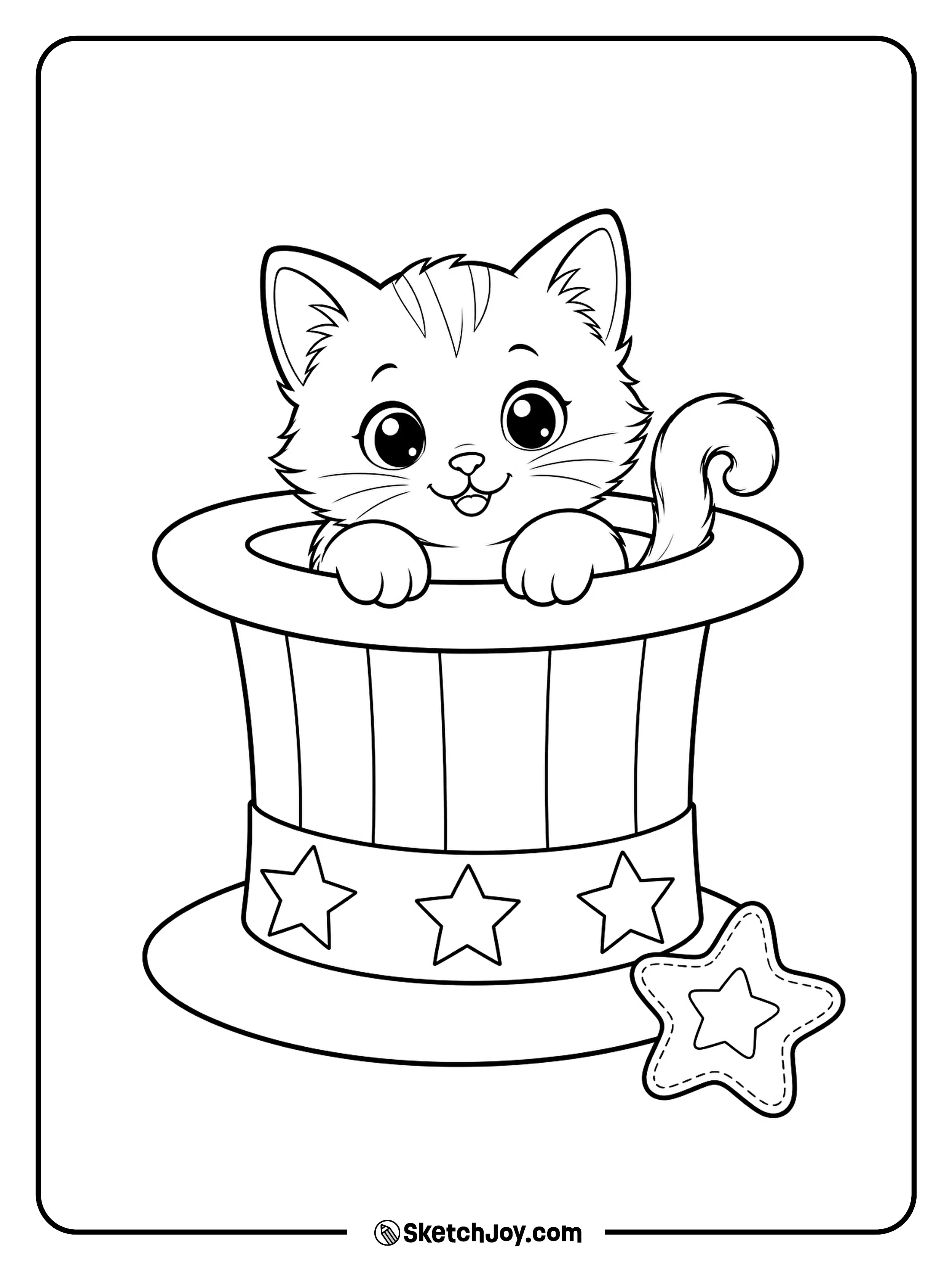 A playful kitten peeks from a tall star and stripe hat.