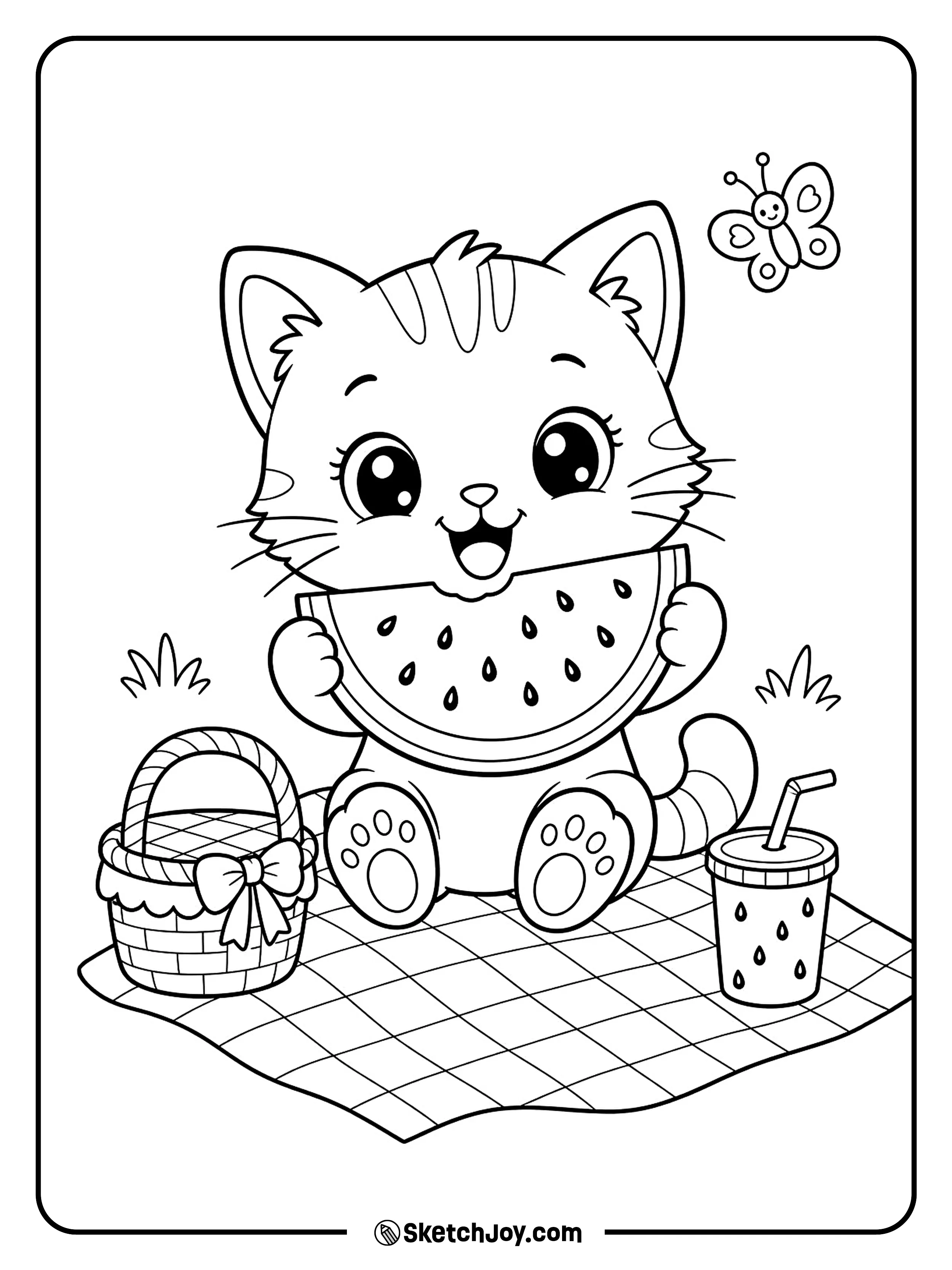 A happy cat enjoys a large watermelon slice beside a small picnic basket.