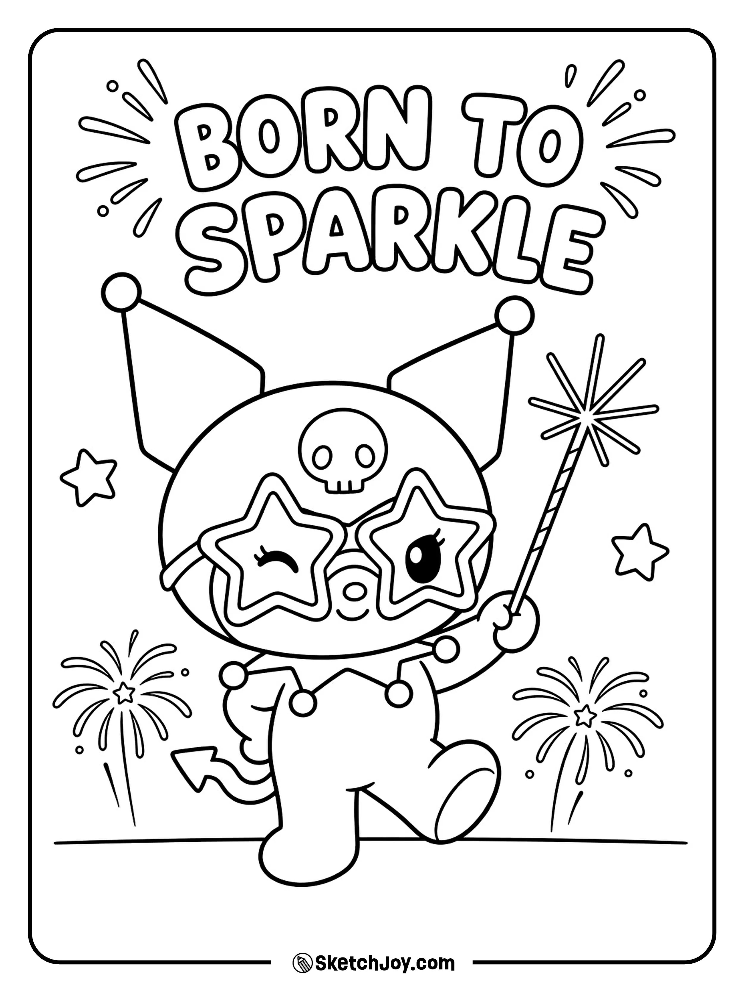 Kuromi poses with star glasses and a holiday sparkler.