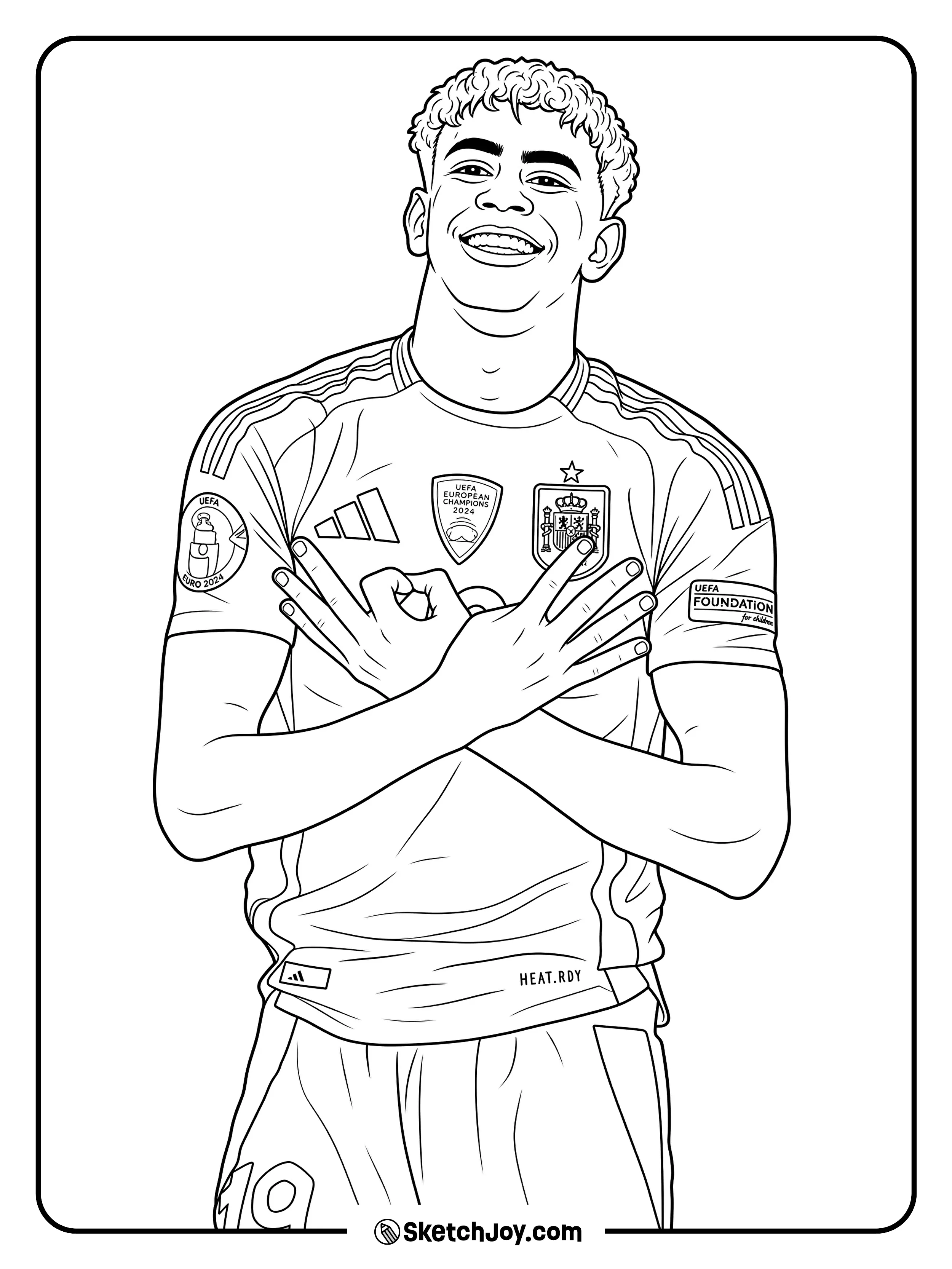 A close-up pose with a bright smile, crossed arms, and a Spain jersey.