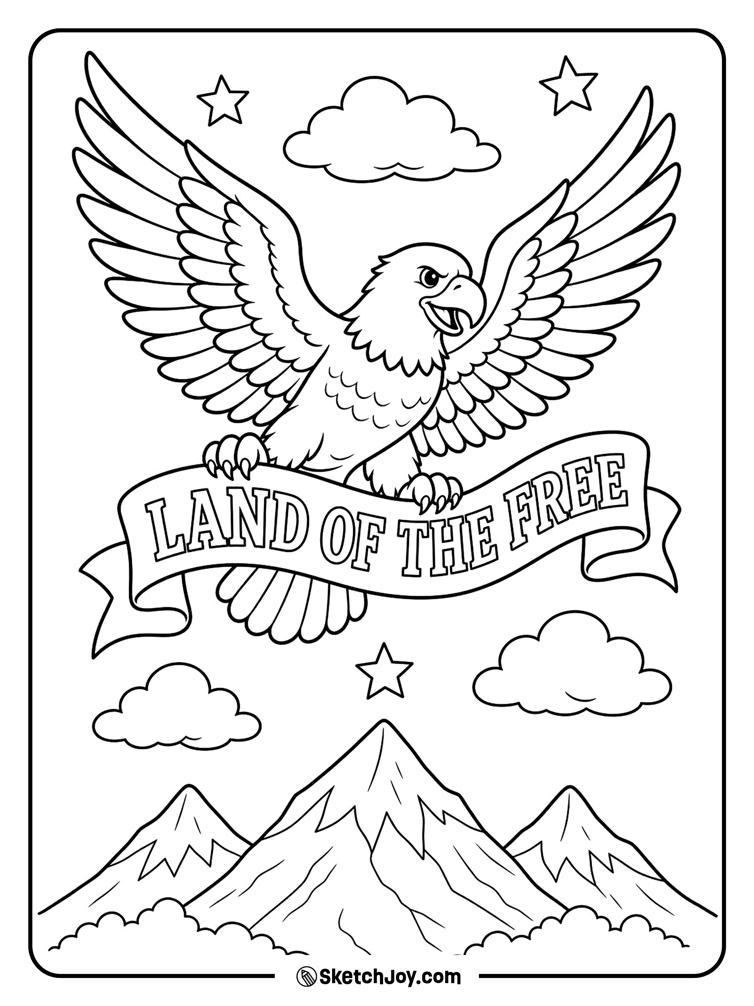 A flying eagle carries a freedom ribbon across the sky.
