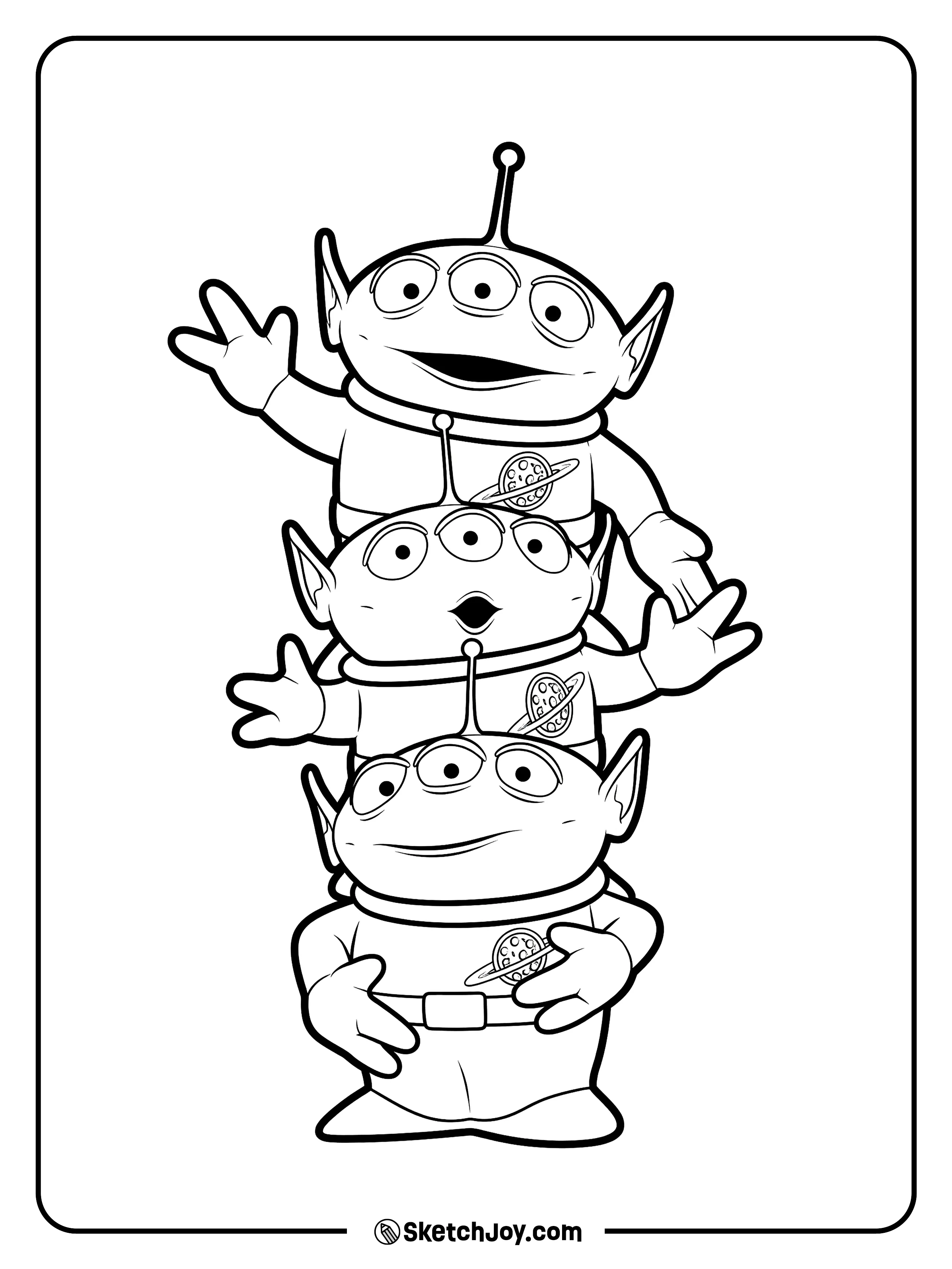 Three Little Green Men balance in a funny tower.