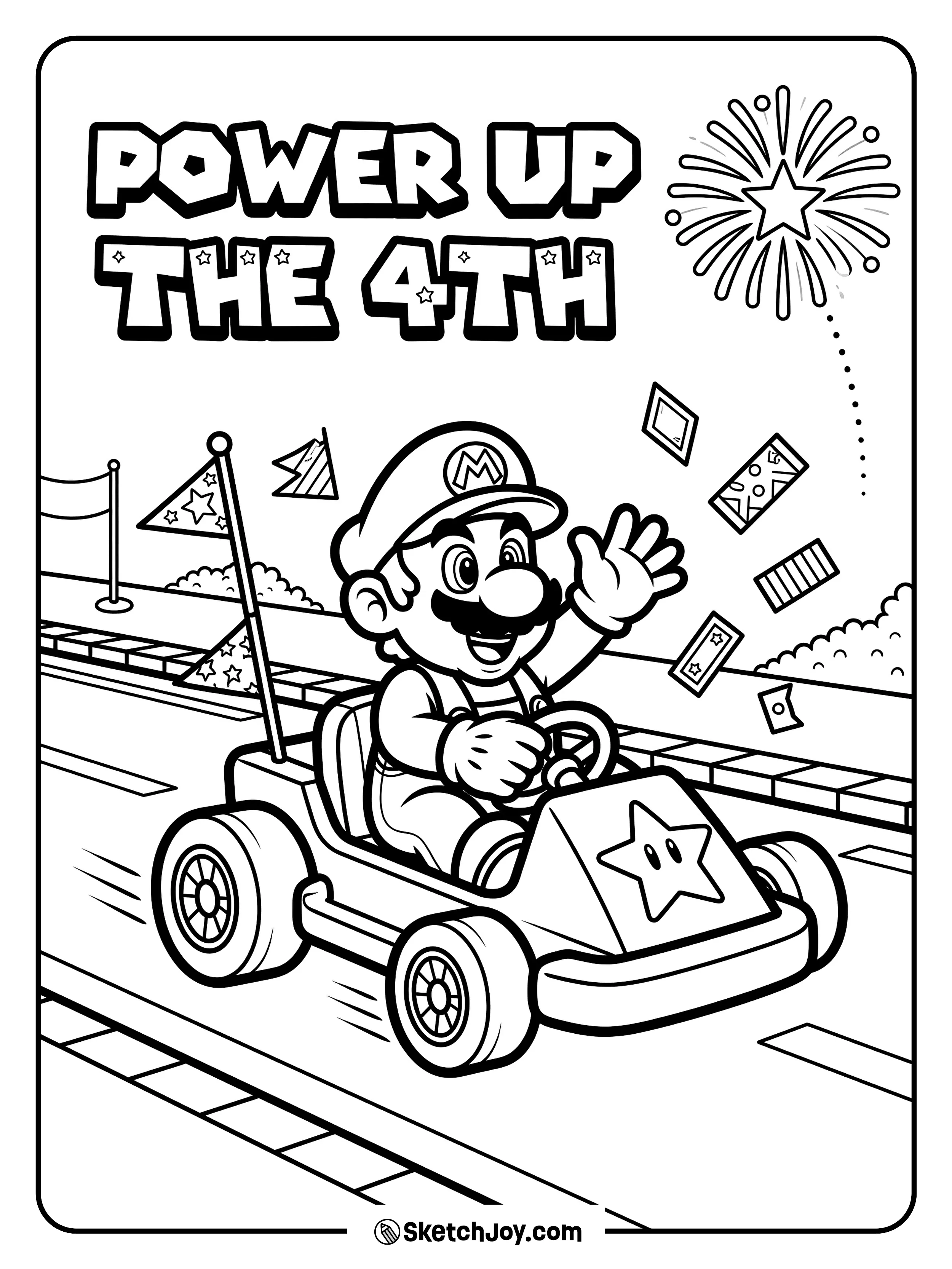 Mario drives a small kart decorated for the holiday parade.
